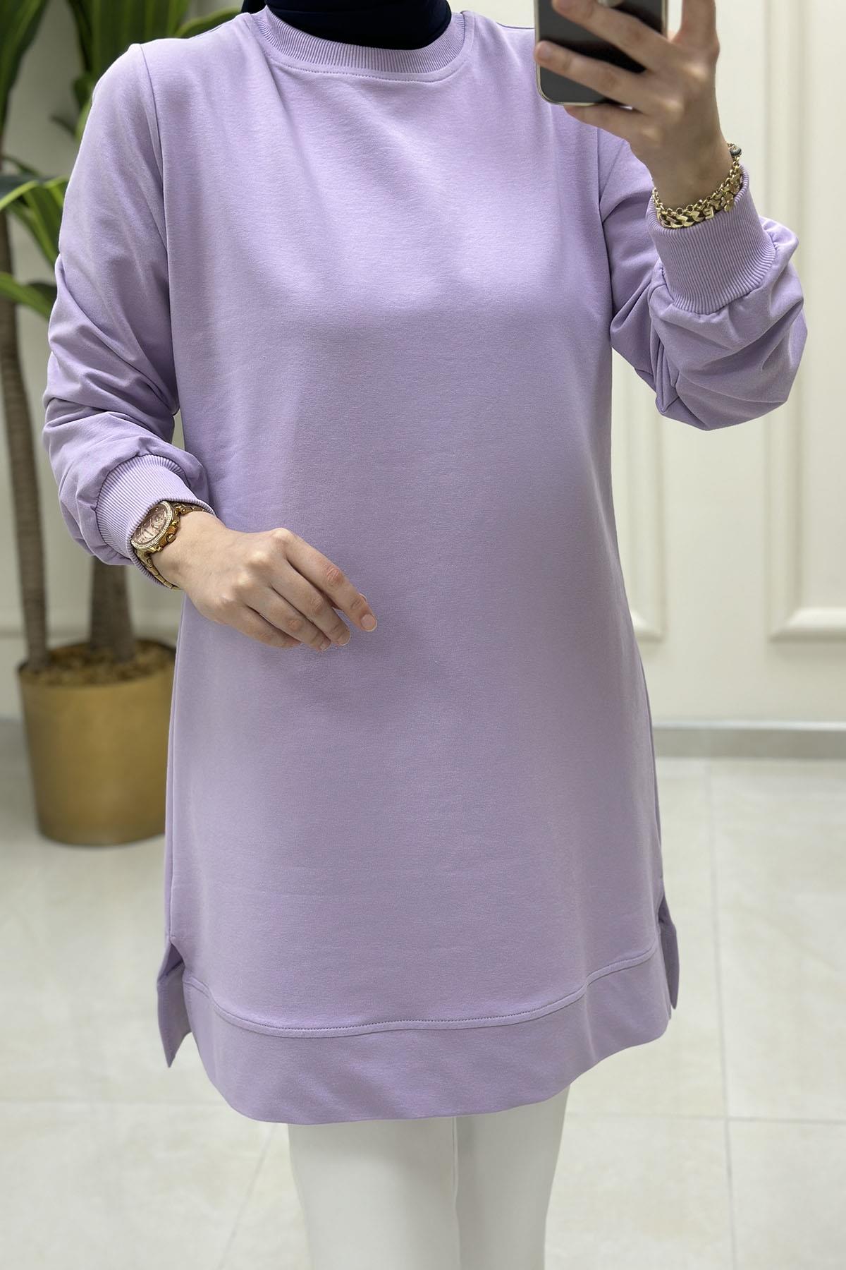 Tesettür Tunik ModelleriYaka ve Kol Ribana Detaylı Kadın Tunik Lila AKAY 107