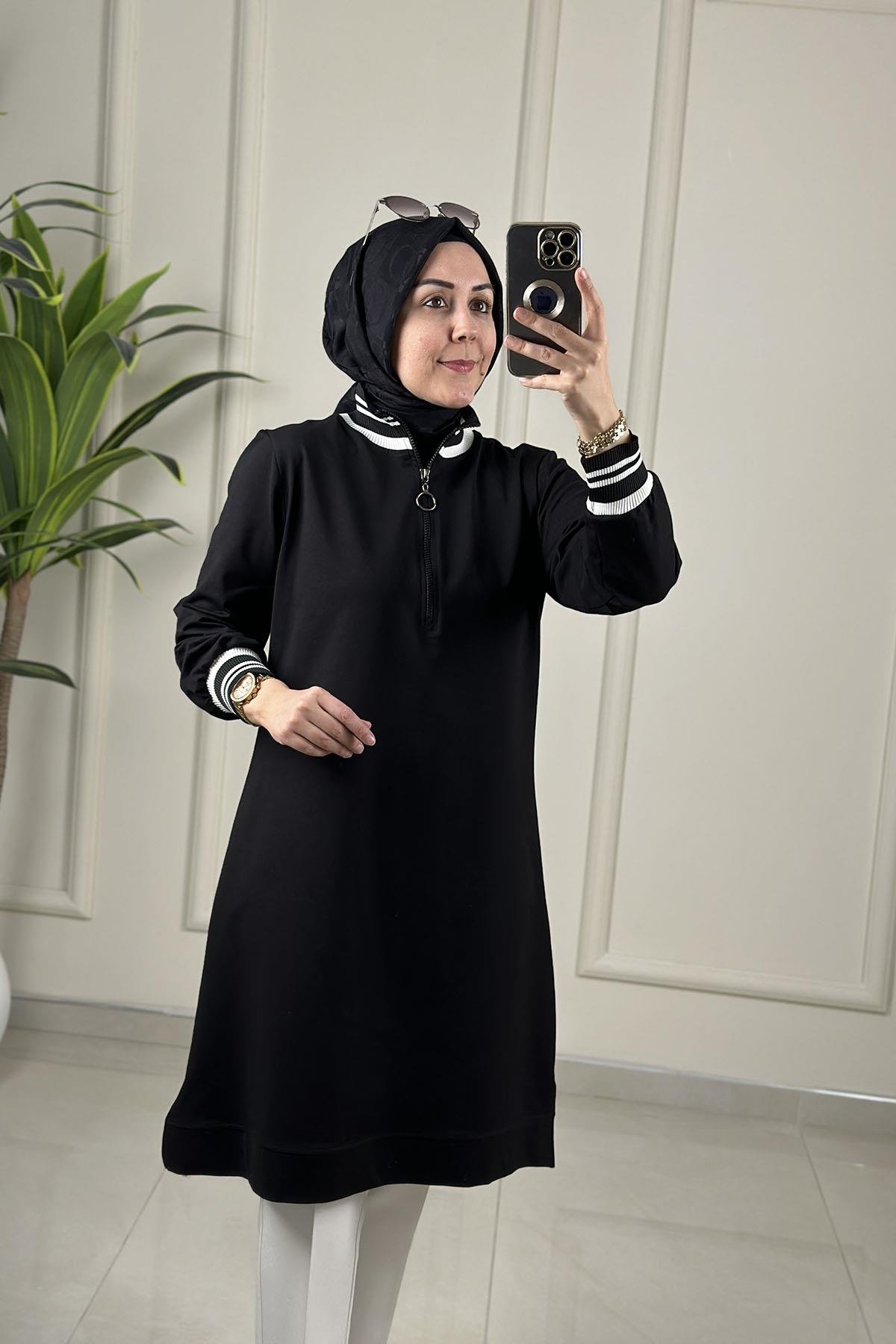 Tesettür Tunik ModelleriYaka ve Kol Ribanalı Fermuar Detaylı Kadın Tunik Siyah MP 2663