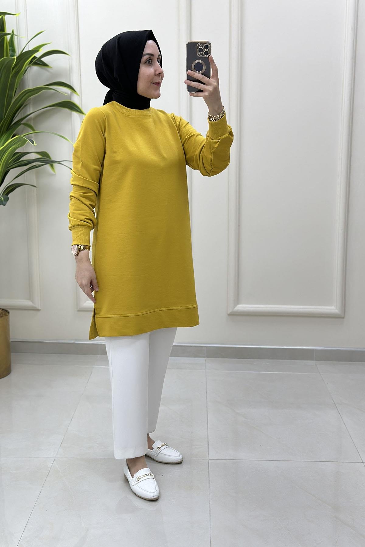 Tesettür Tunik ModelleriYaka ve Kol Ribana Detaylı Kadın Tunik Sarı AKAY 107