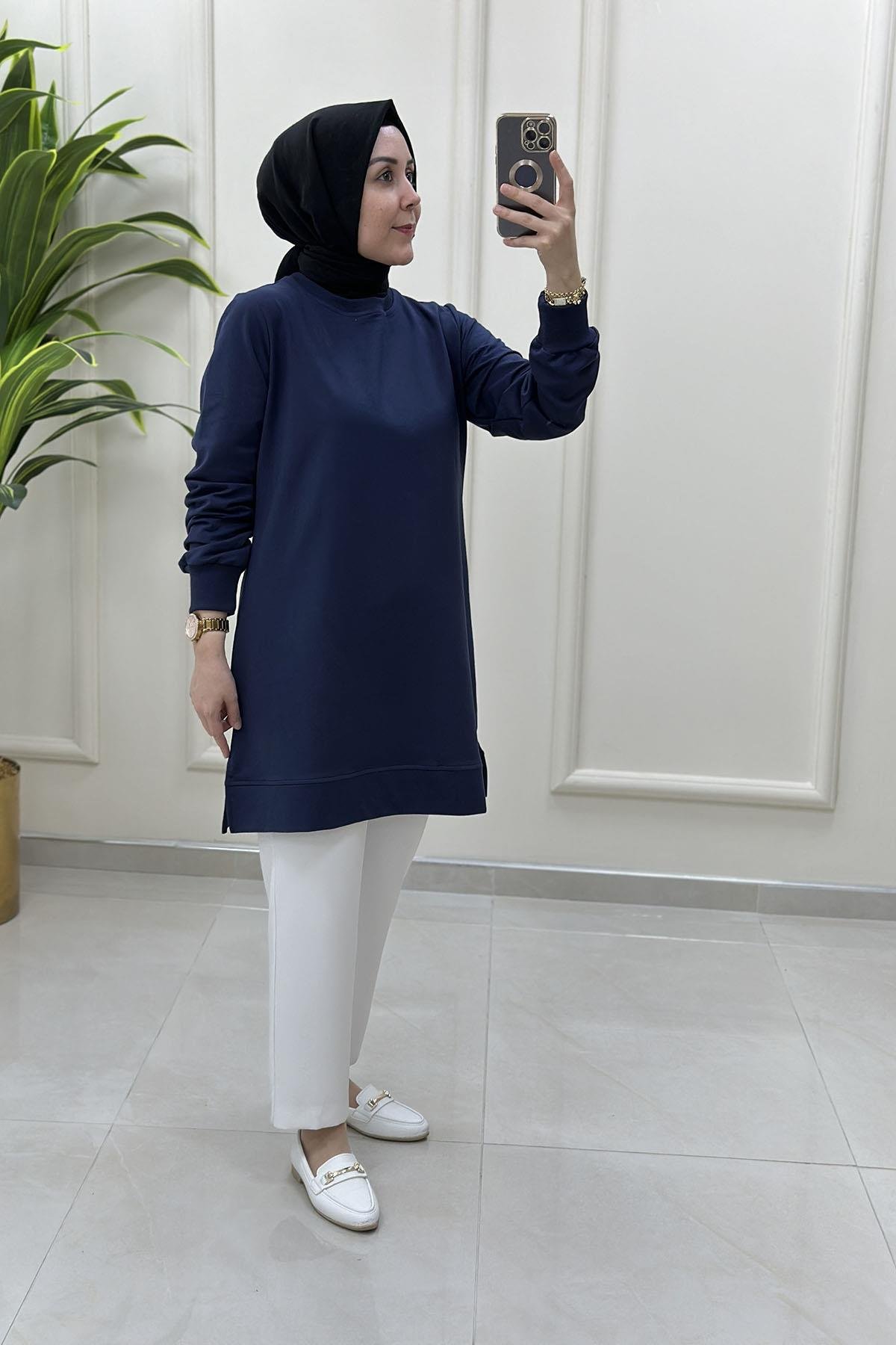 Tesettür Tunik ModelleriYaka ve Kol Ribana Detaylı Kadın Tunik Lacivert AKAY 107