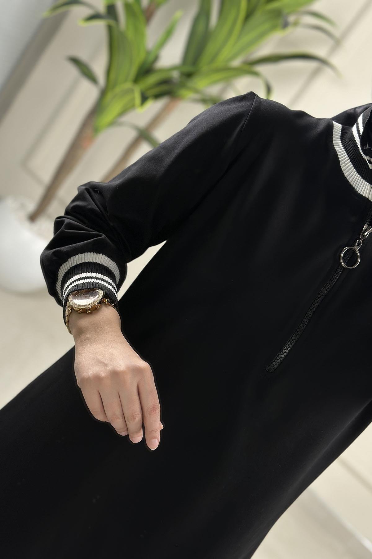 Tesettür Tunik ModelleriYaka ve Kol Ribanalı Fermuar Detaylı Kadın Tunik Siyah MP 2663