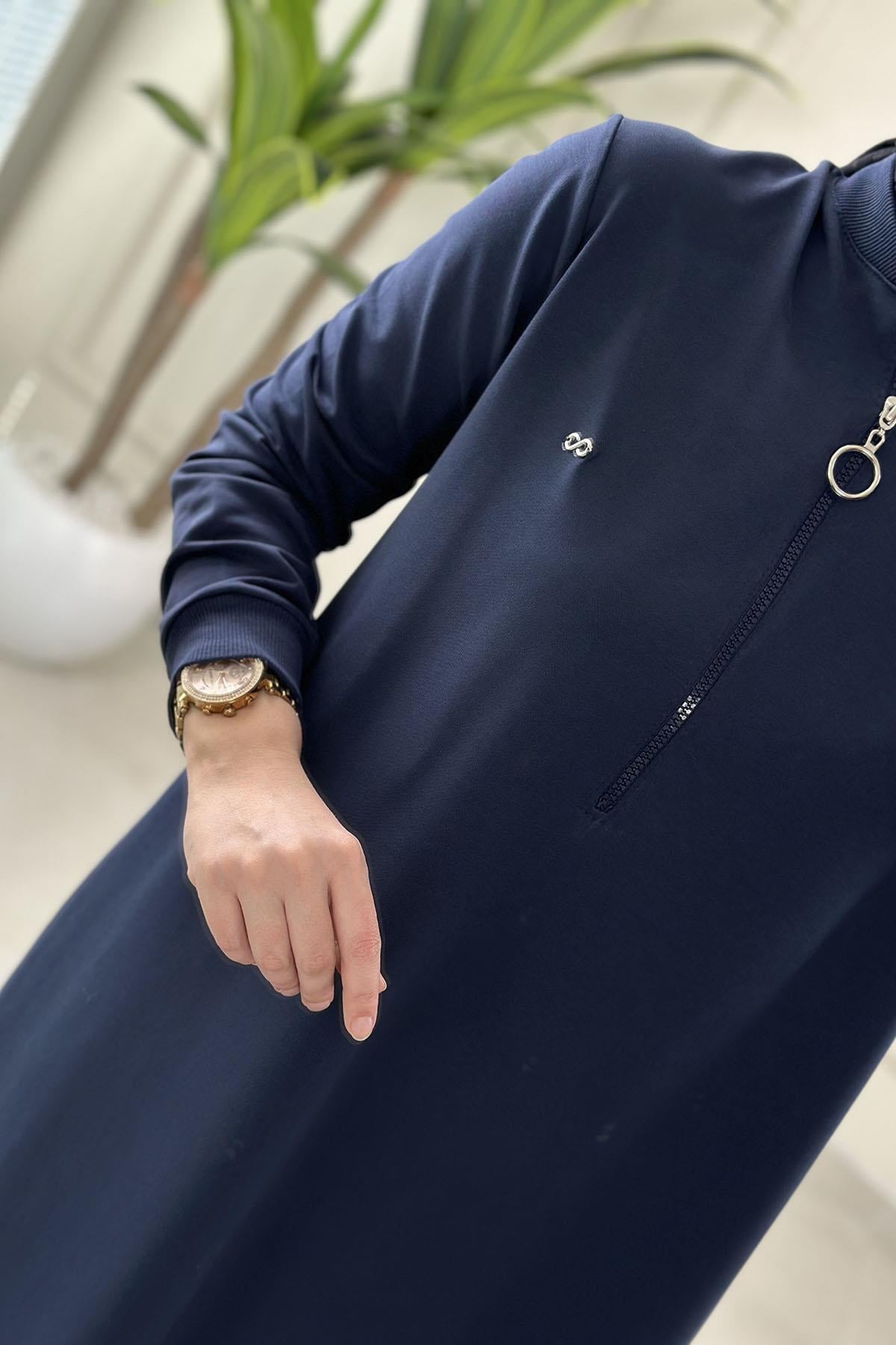 Tesettür Tunik ModelleriYaka ve Kol Ribanalı Önü Fermuarlı Kadın Tunik Lacivert KADO 262630
