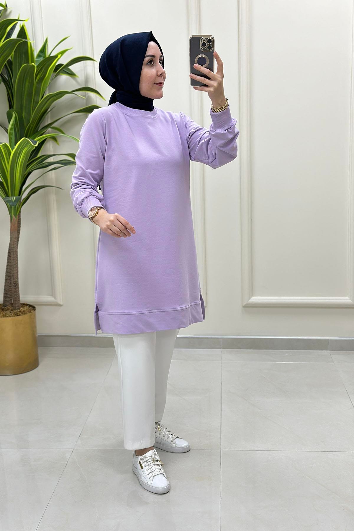 Tesettür Tunik ModelleriYaka ve Kol Ribana Detaylı Kadın Tunik Lila AKAY 107
