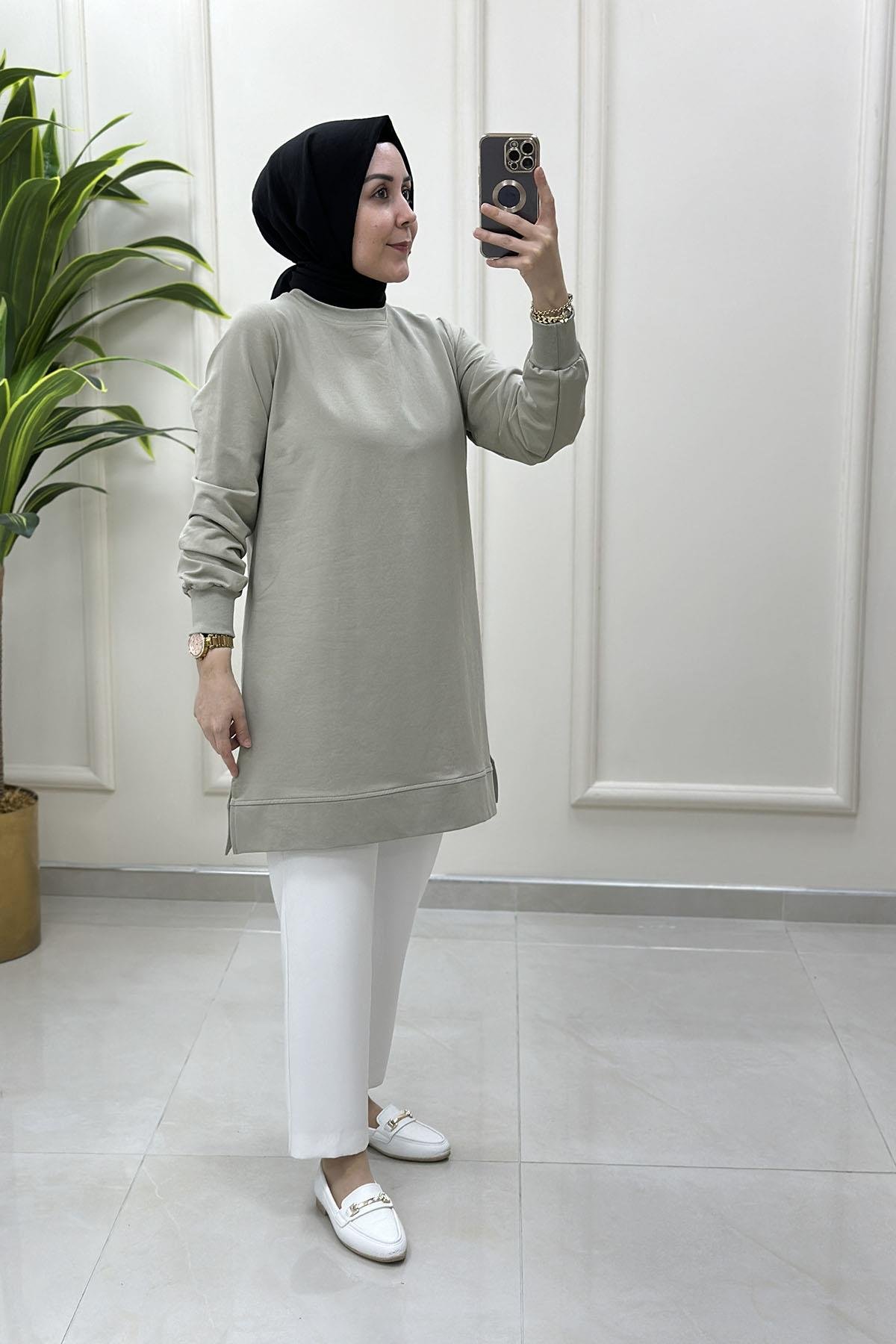 Tesettür Tunik ModelleriYaka ve Kol Ribana Detaylı Kadın Tunik Küf Yeşili AKAY 107