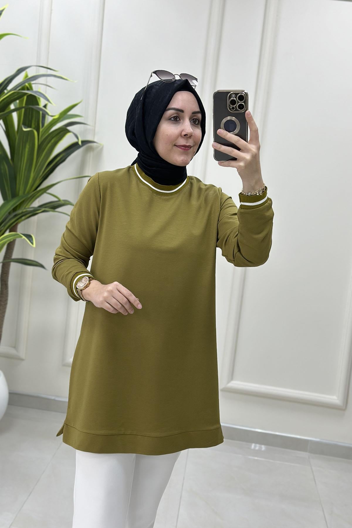 Tesettür Tunik ModelleriYaka ve Kol Ribanalı Basic Kadın Tunik Yağ Yeşili KADO 257580