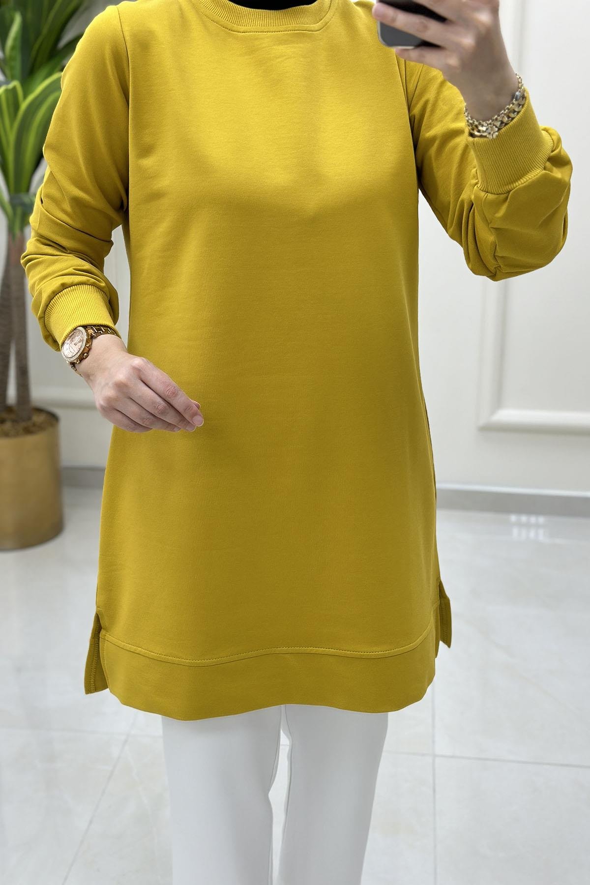 Tesettür Tunik ModelleriYaka ve Kol Ribana Detaylı Kadın Tunik Sarı AKAY 107