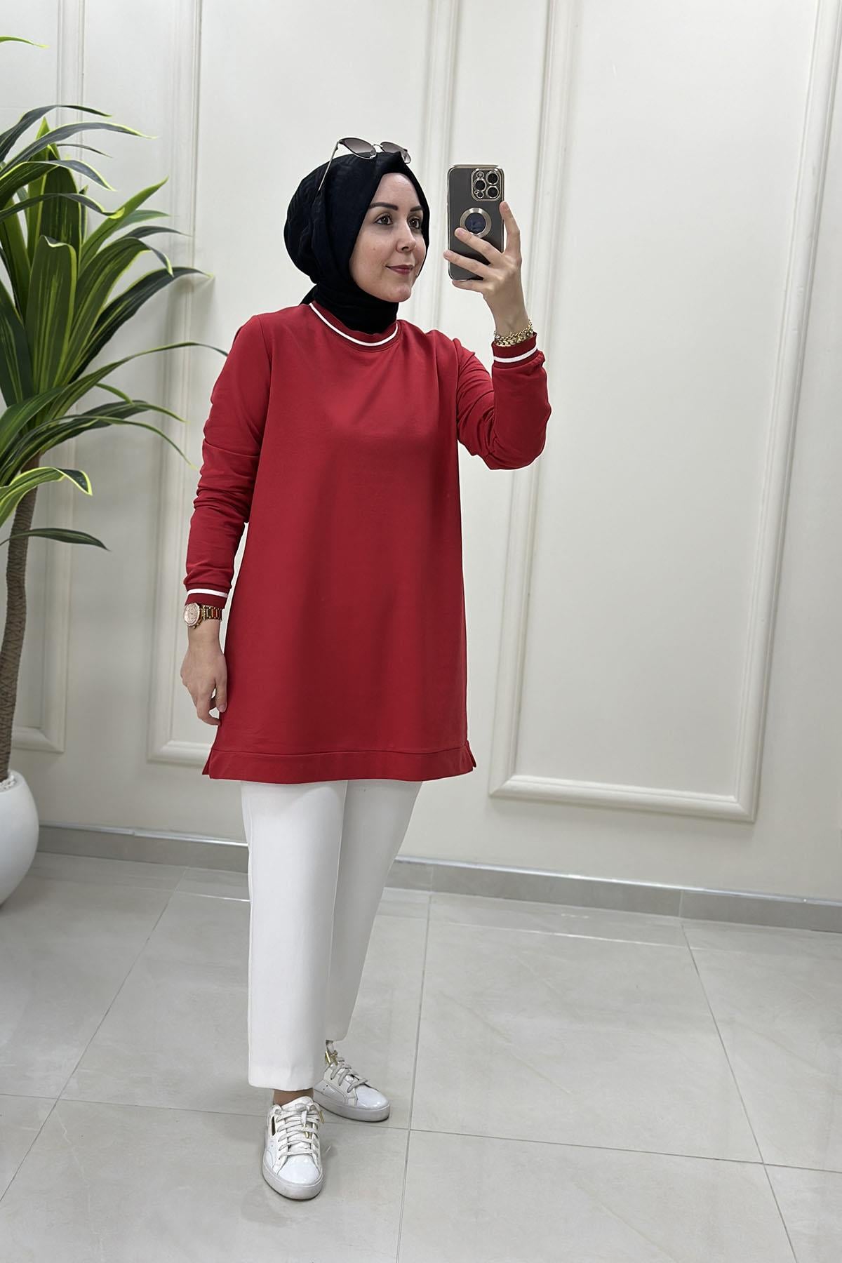 Tesettür Tunik ModelleriYaka ve Kol Ribanalı Basic Kadın Tunik Kırmızı KADO 257580