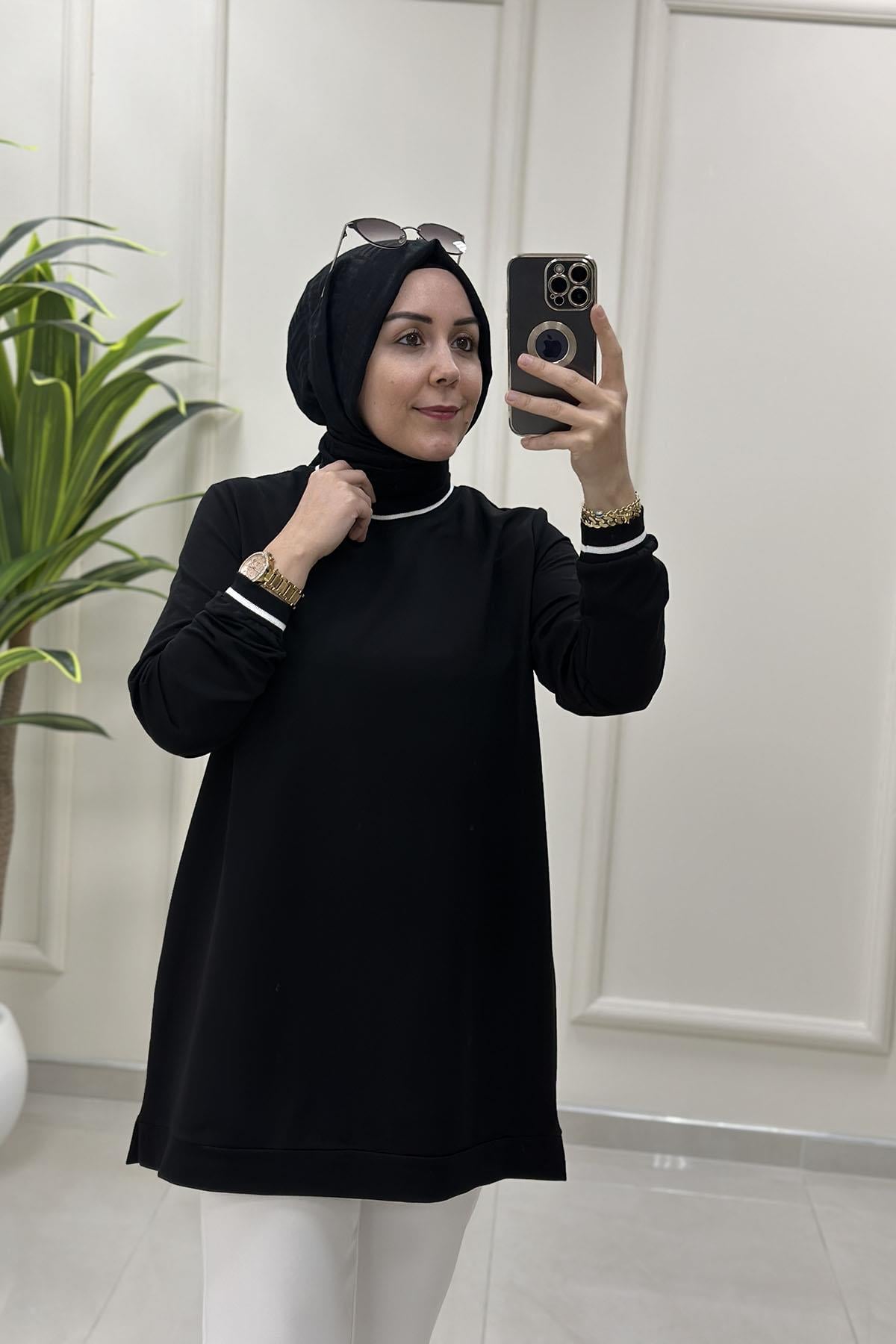 Tesettür Tunik ModelleriYaka ve Kol Ribanalı Basic Kadın Tunik Siyah KADO 257580