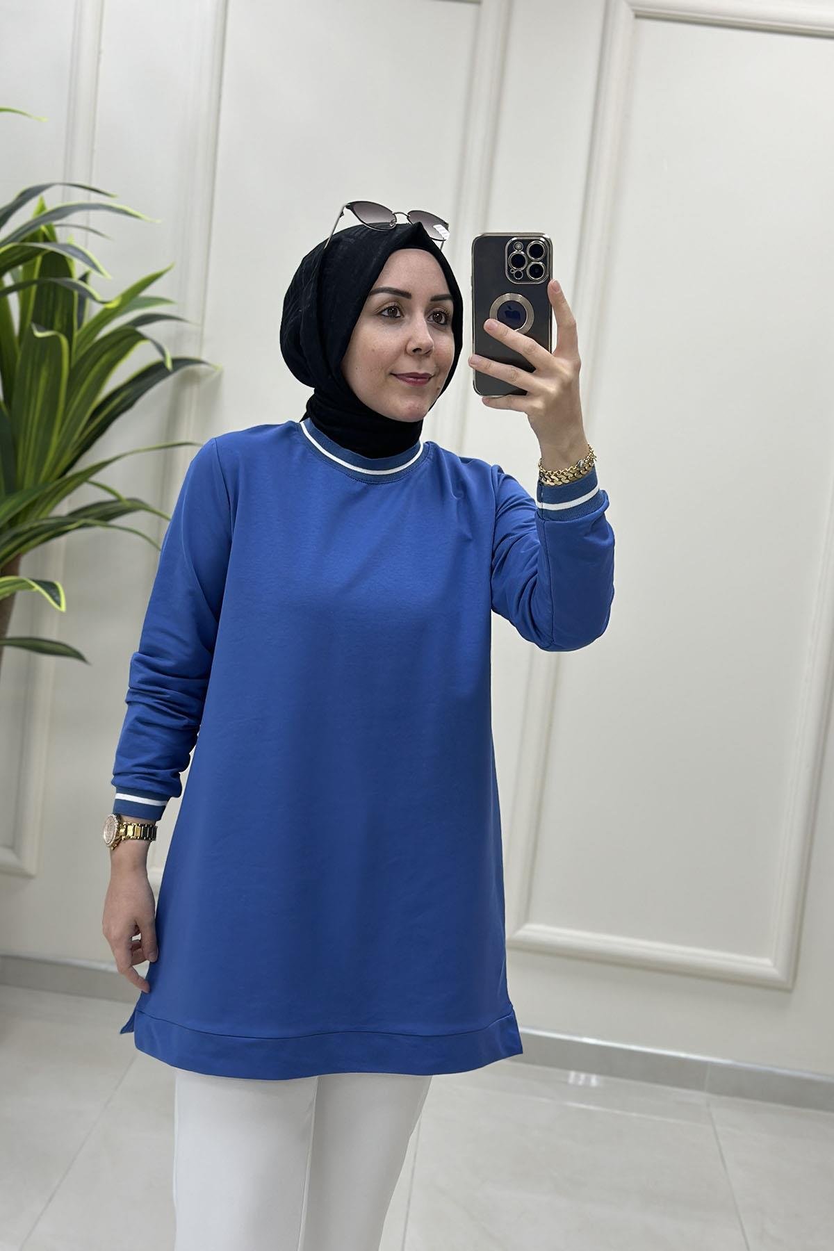 Tesettür Tunik ModelleriYaka ve Kol Ribanalı Basic Kadın Tunik Mavi KADO 257580