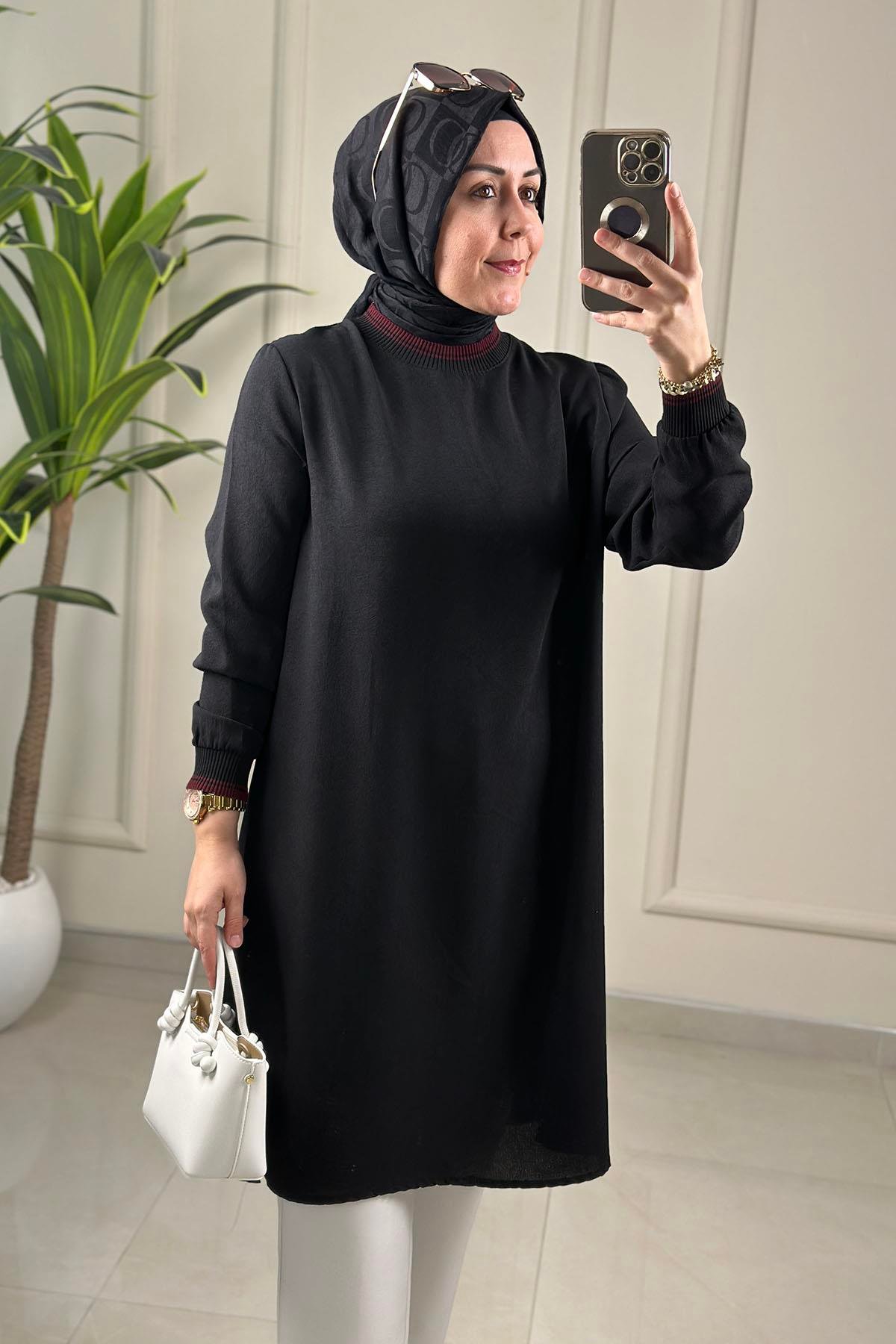 Tesettür Tunik ModelleriYaka ve Kol Ribanalı Renk Garnili Kadın Tunik Siyah KADO 262642