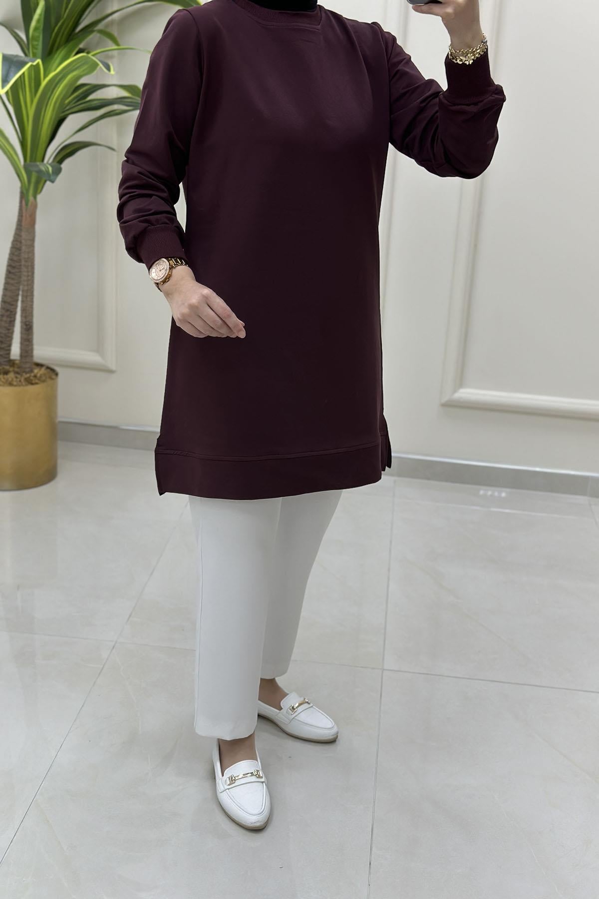 Tesettür Tunik ModelleriYaka ve Kol Ribana Detaylı Kadın Tunik Koyu Bordo AKAY 107