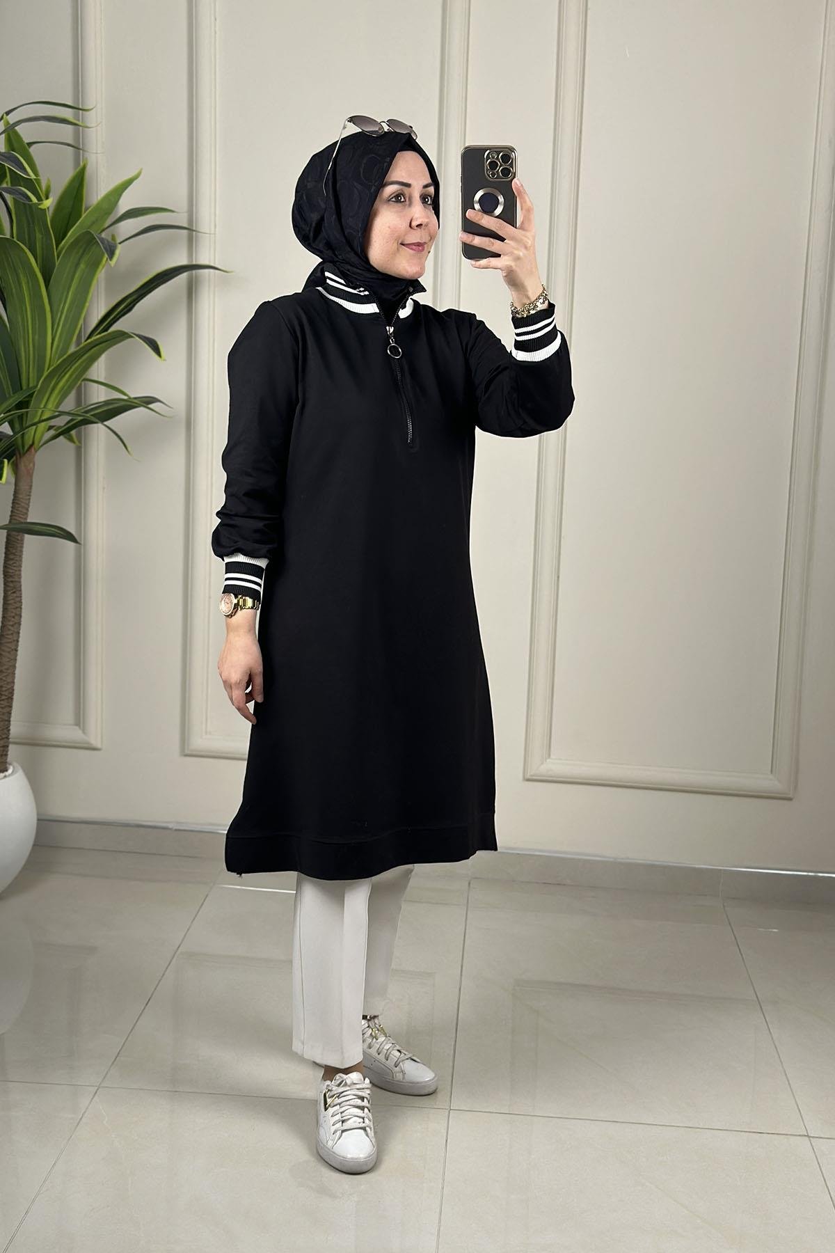 Tesettür Tunik ModelleriYaka ve Kol Ribanalı Fermuar Detaylı Kadın Tunik Siyah MP 2663