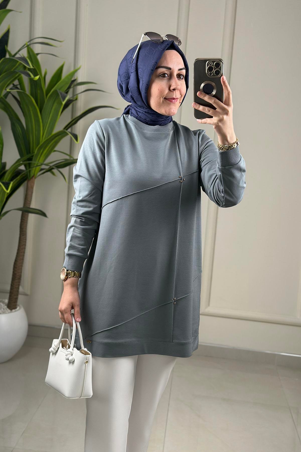 Tesettür Tunik ModelleriYaka ve Kol Ribanalı Önü Nervürlü Kadın Tunik Mint Yeşili KADO 262106