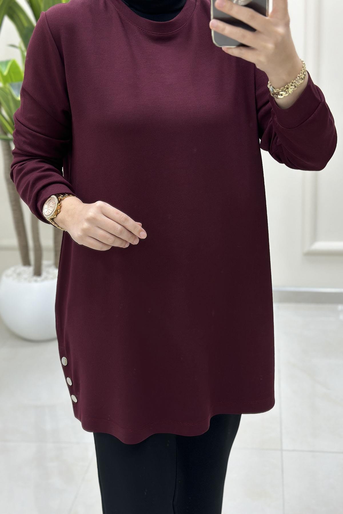 Tesettür Tunik ModelleriYanı Yırtmaç Çıtçıt Detaylı Fitilli Kadın Tunik Bordo KADO 257304