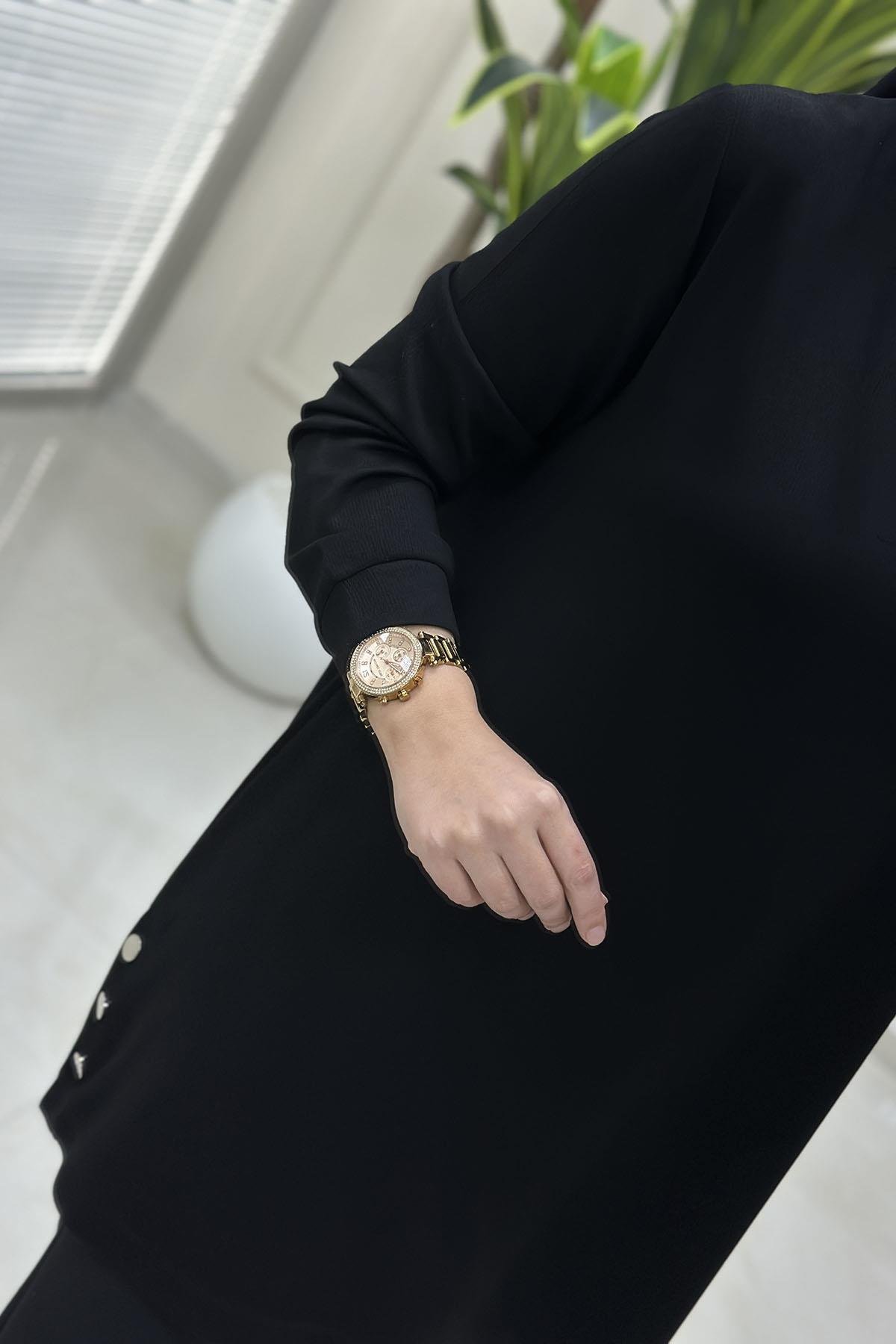 Tesettür Tunik ModelleriYanı Yırtmaç Çıtçıt Detaylı Fitilli Kadın Tunik Siyah KADO 257304