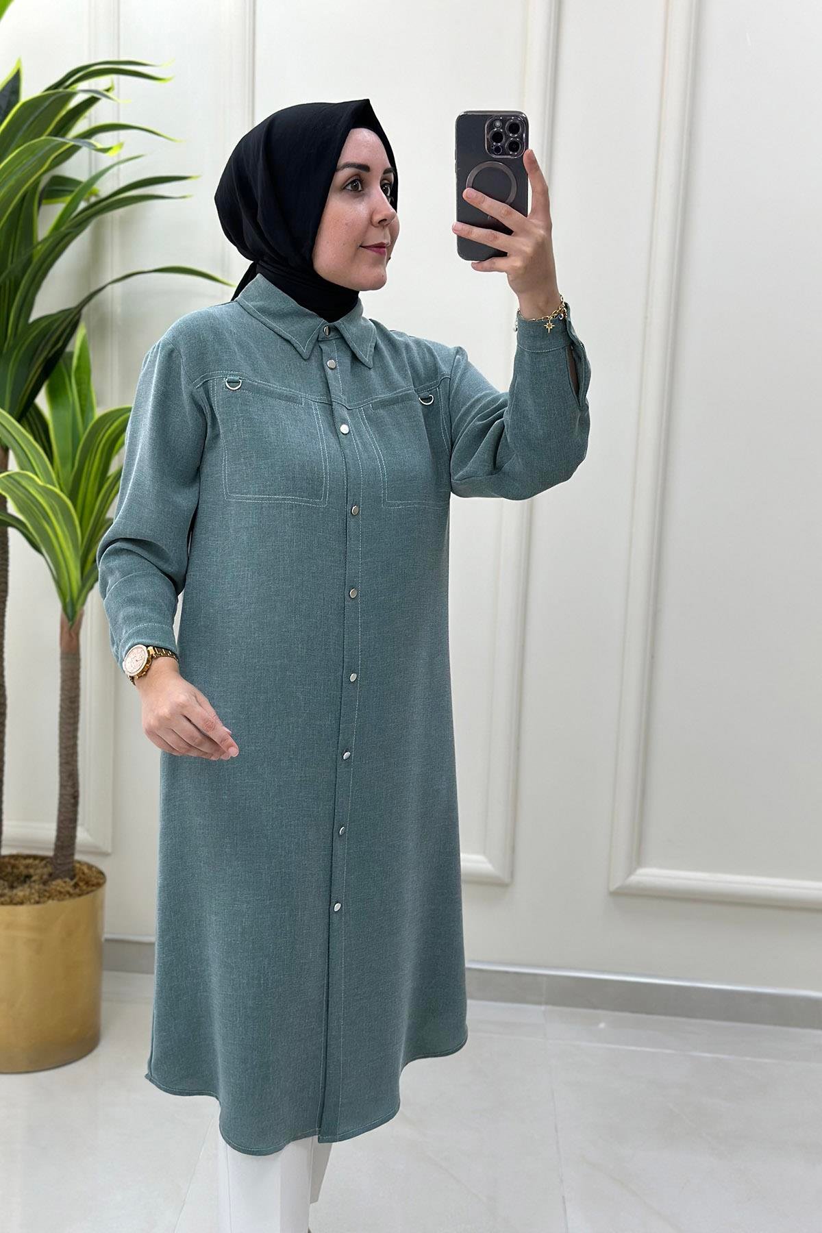 Tesettür Tunik Önü Düğmeli Cep Görünümlü Kadın Tunik Yeşil ALS 4946
