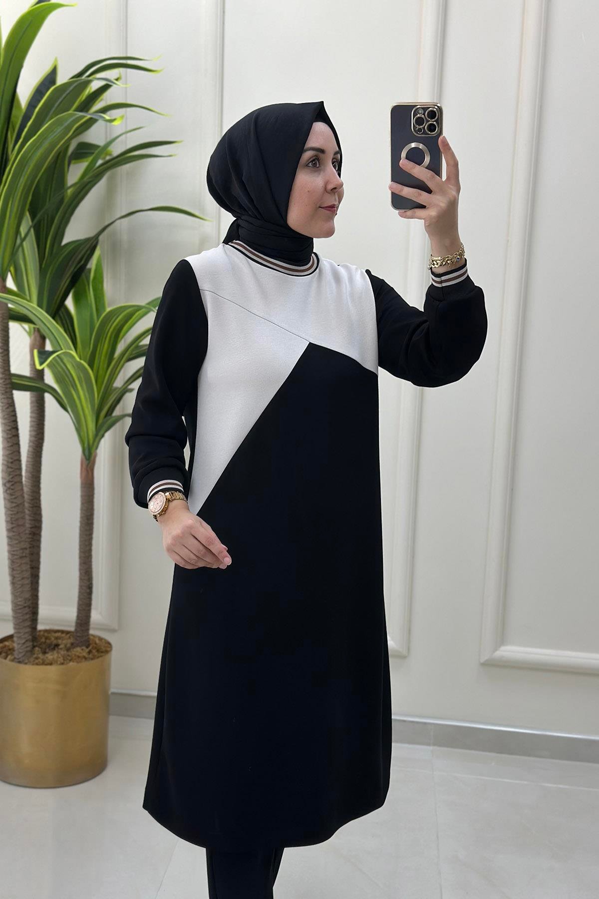 Tesettür Tunik Yakası ve Kolu Ribanalı Renk Garnili Kadın Tunik Taş ALS 4789