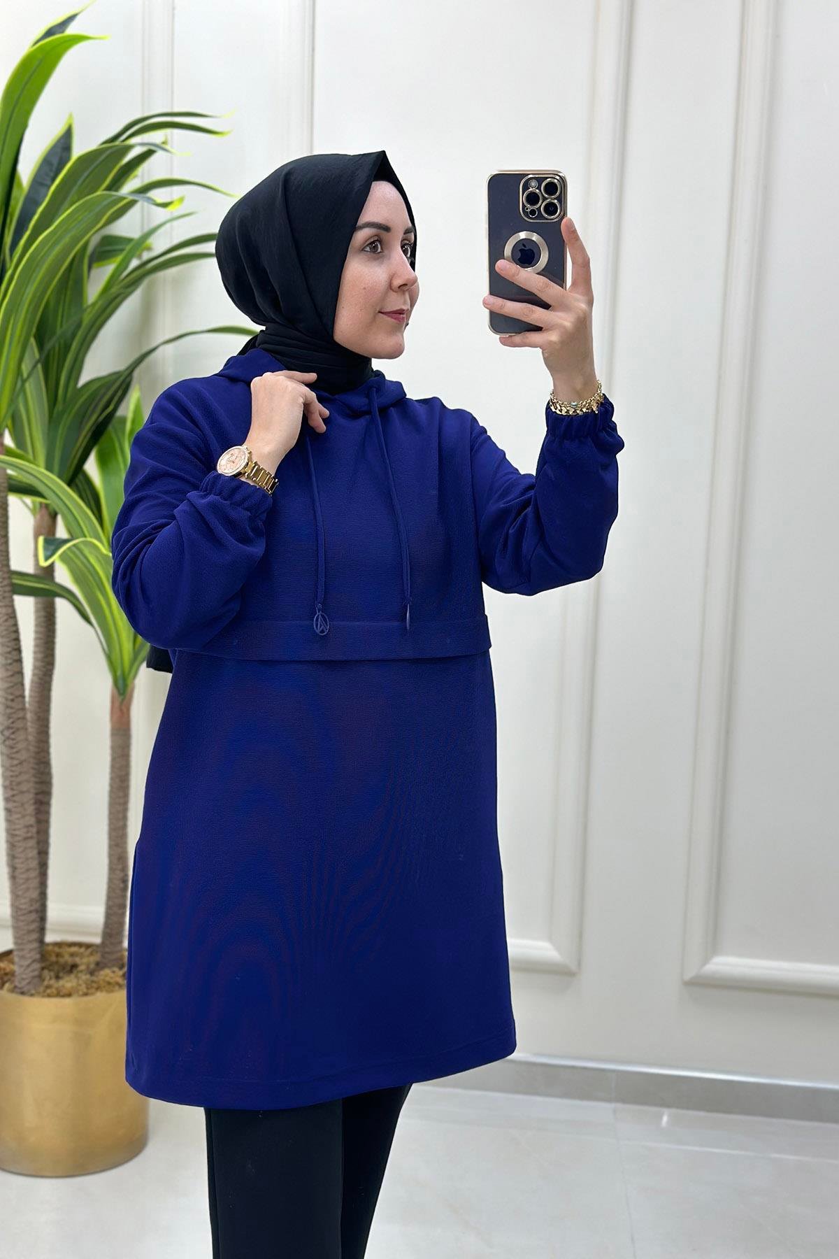 Tesettür TunikArmine Trend Kapüşonlu Kolu Büzgülü Kadın Tunik Mor ARM 454
