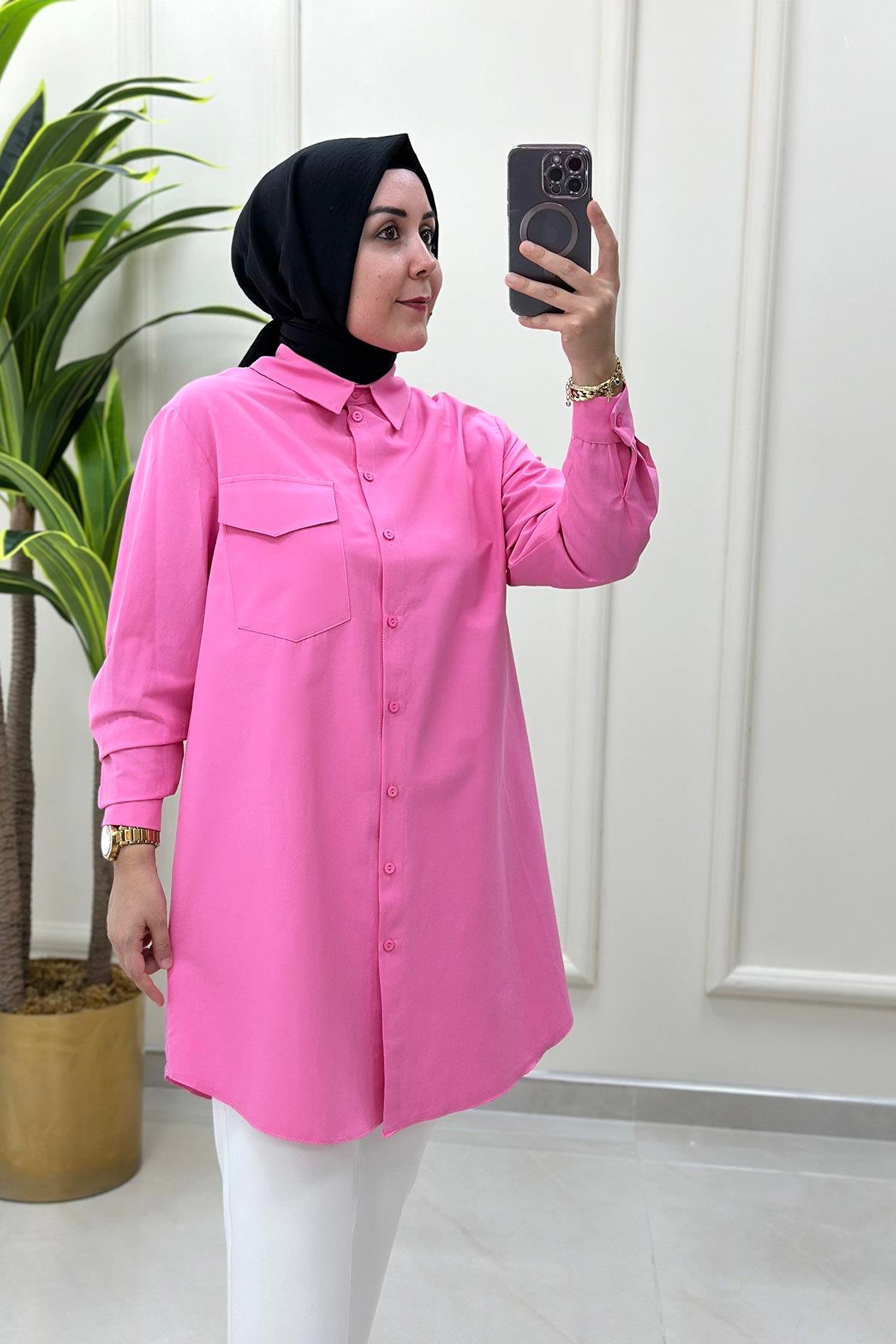 Tesettür TunikArmine Trend Önü Düğmeli Kapak Cepli Kadın Tunik Pembe ARM 470