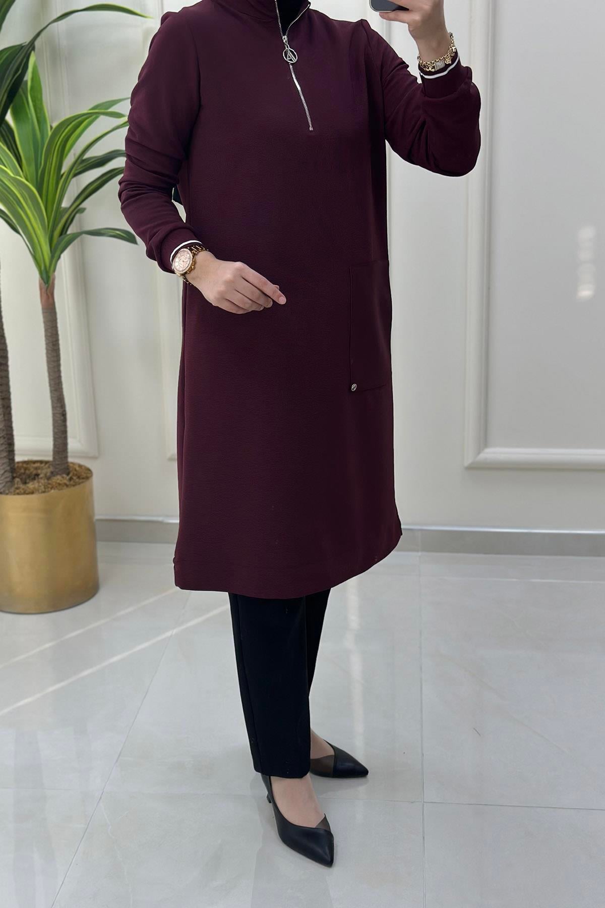 Tesettür TunikArmine Trend Önü Yarım Fermuarlı Kolu Ribanalı Kadın Tunik Bordo ARM 453