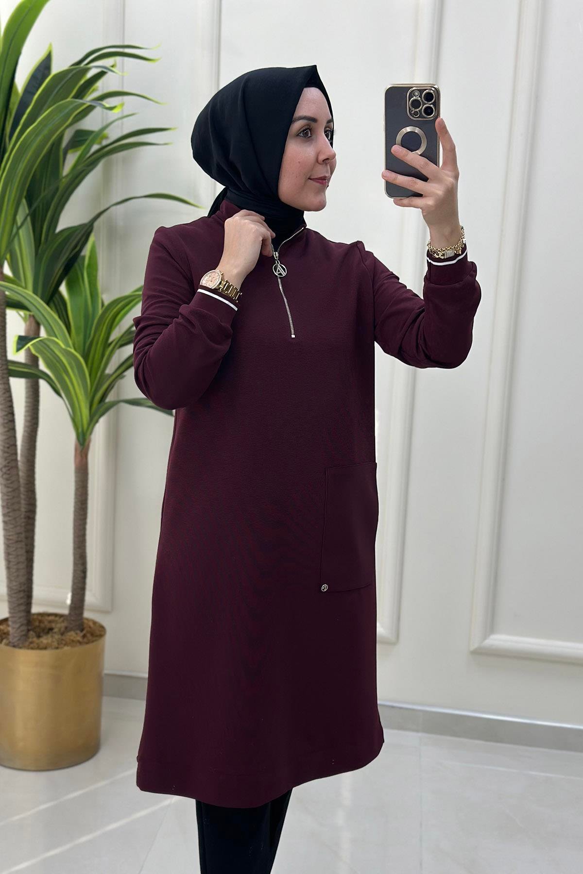 Tesettür TunikArmine Trend Önü Yarım Fermuarlı Kolu Ribanalı Kadın Tunik Bordo ARM 453