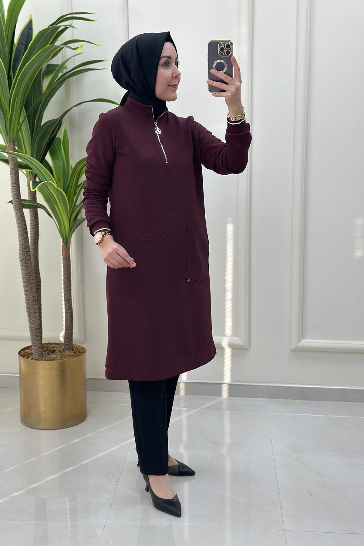 Tesettür TunikArmine Trend Önü Yarım Fermuarlı Kolu Ribanalı Kadın Tunik Bordo ARM 453