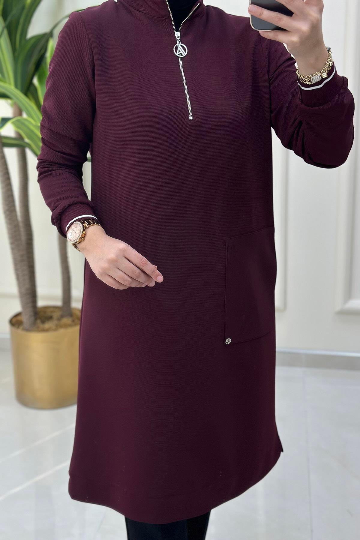 Tesettür TunikArmine Trend Önü Yarım Fermuarlı Kolu Ribanalı Kadın Tunik Bordo ARM 453
