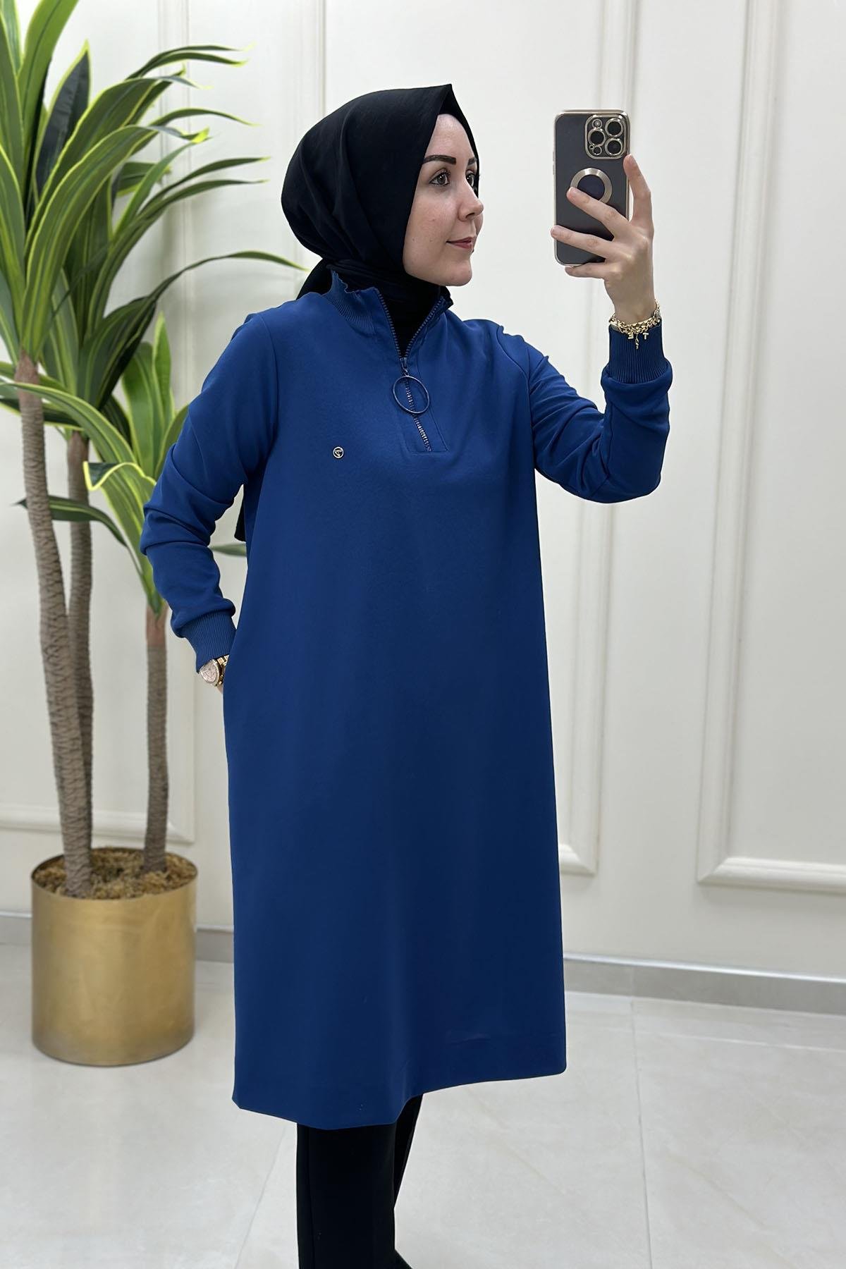 Tesettür TunikArmine Trend Yakası ve Kolu Ribanalı Kadın Tunik İndigo ARM 436