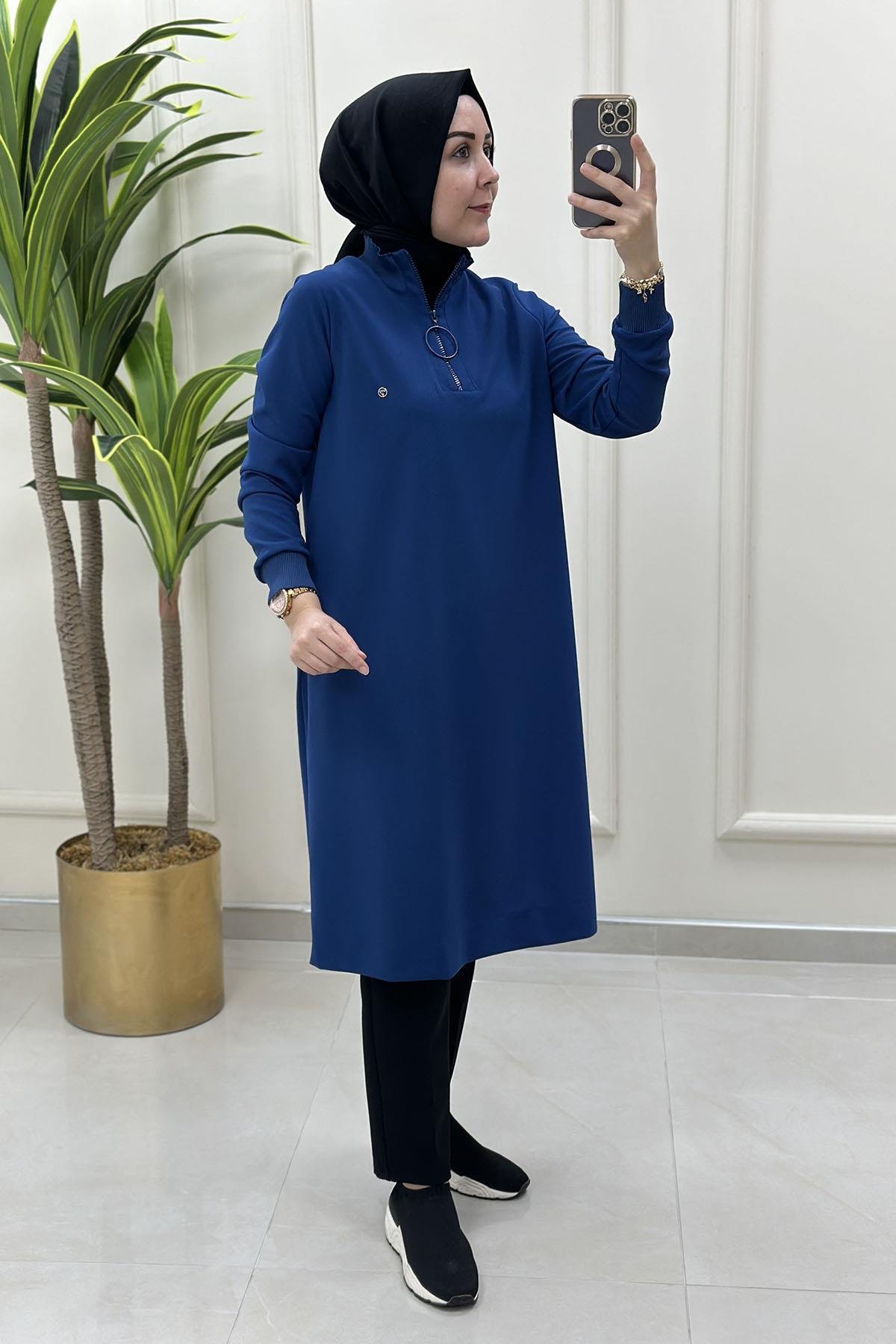 Tesettür TunikArmine Trend Yakası ve Kolu Ribanalı Kadın Tunik İndigo ARM 436