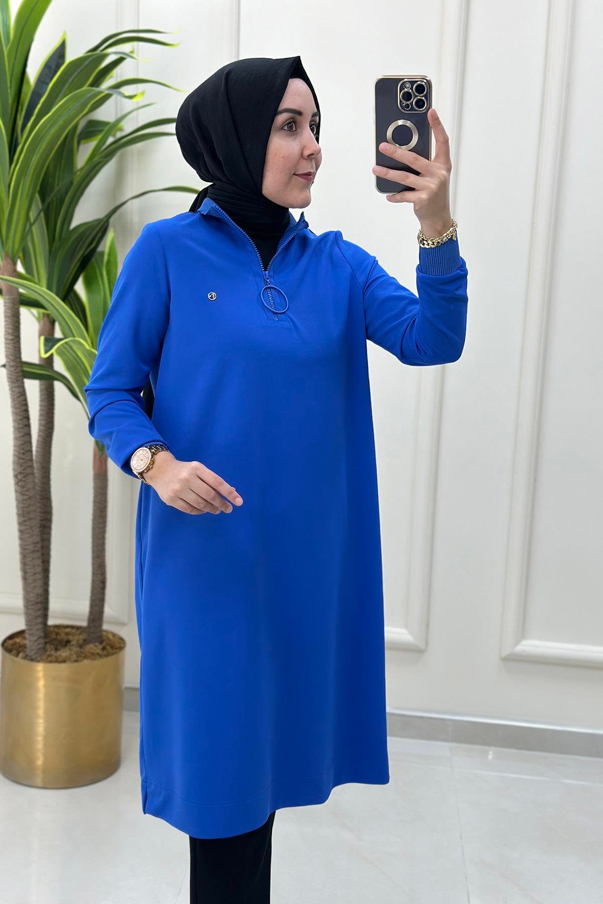 Tesettür TunikArmine Trend Yakası ve Kolu Ribanalı Kadın Tunik Mavi ARM 436