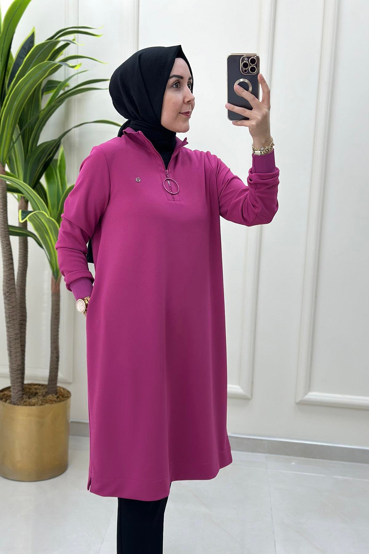 Tesettür TunikArmine Trend Yakası ve Kolu Ribanalı Kadın Tunik Fuşya ARM 436