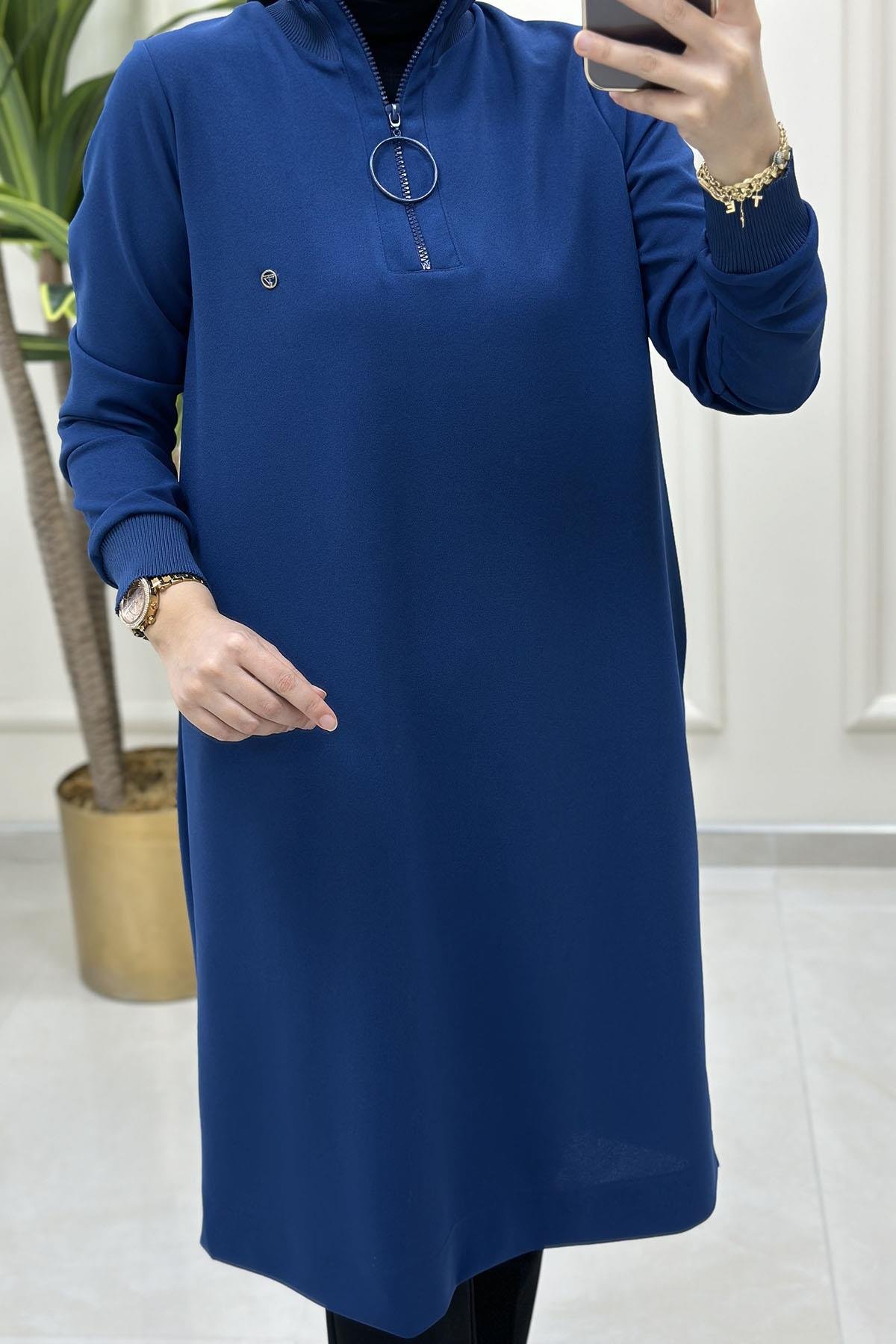 Tesettür TunikArmine Trend Yakası ve Kolu Ribanalı Kadın Tunik İndigo ARM 436
