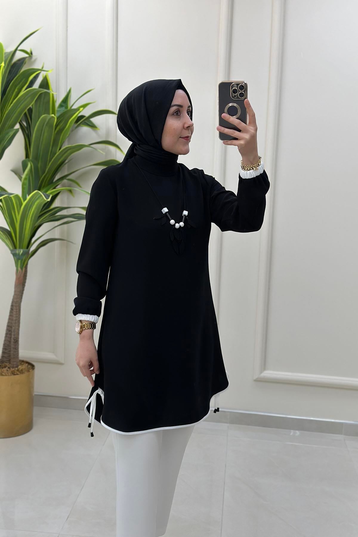 Tesettür TunikBiye Detaylı Kolyeli Kadın Tunik Siyah HYA 1531