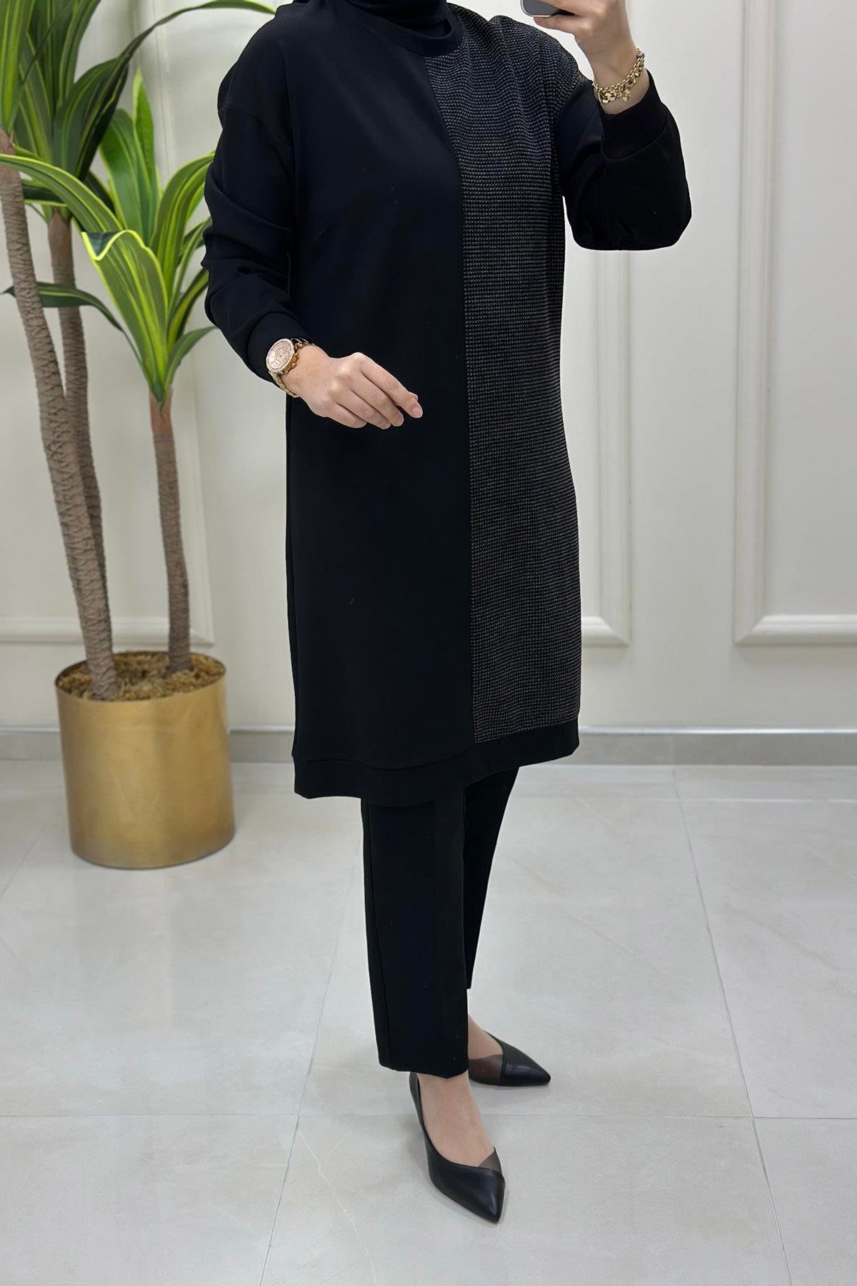 Tesettür TunikÇelik Örme Düşük Omuz Triko Garnili Kadın Tunik Siyah/Antrasit LOOK 6078