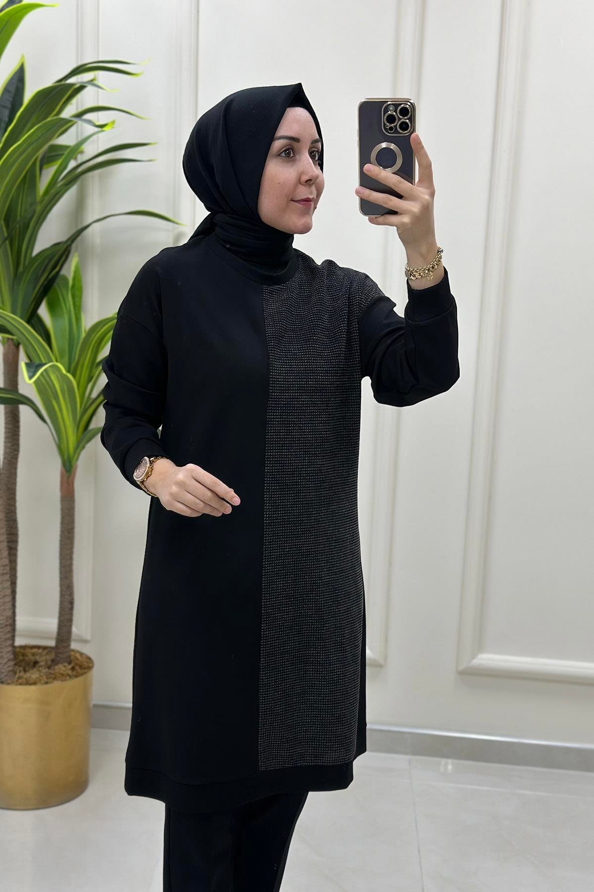 Tesettür TunikÇelik Örme Düşük Omuz Triko Garnili Kadın Tunik Siyah/Antrasit LOOK 6078