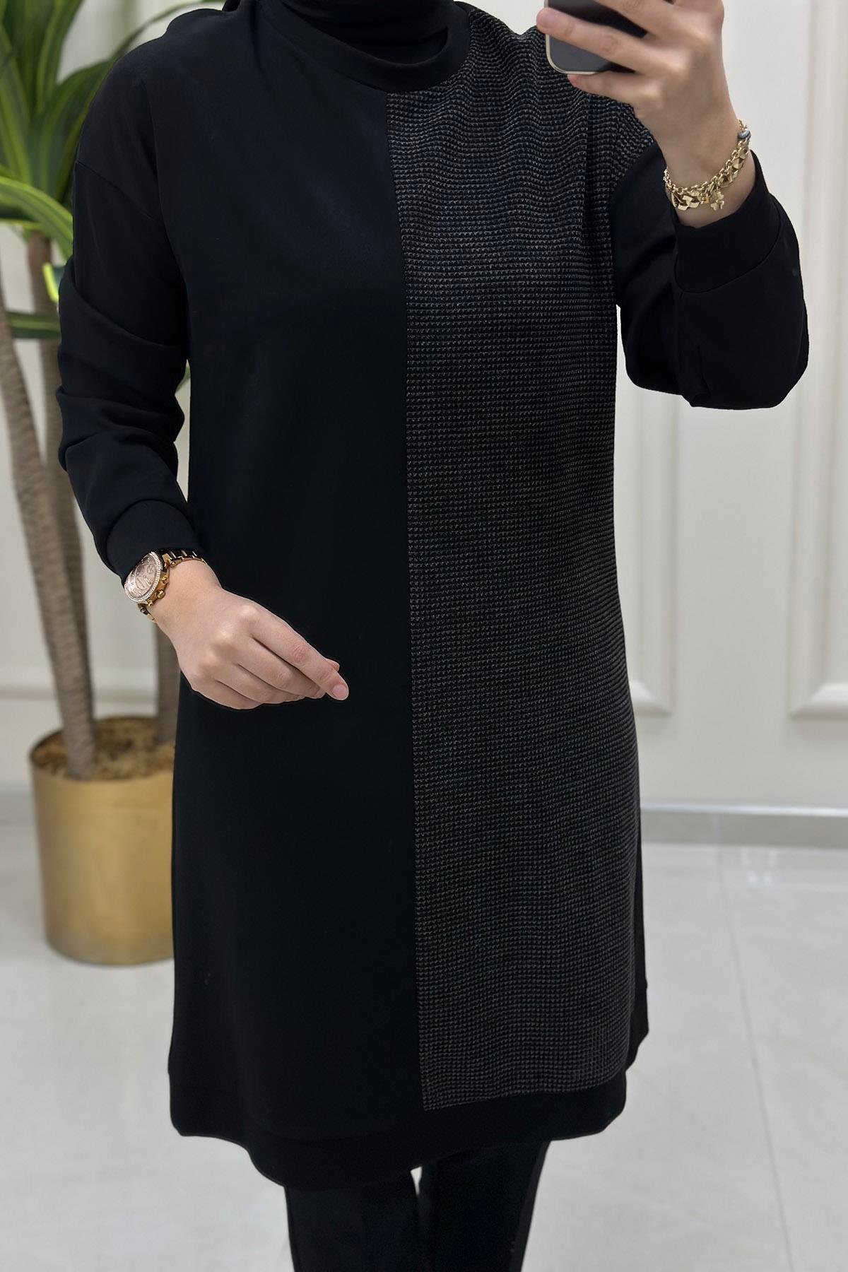 Tesettür TunikÇelik Örme Düşük Omuz Triko Garnili Kadın Tunik Siyah/Antrasit LOOK 6078