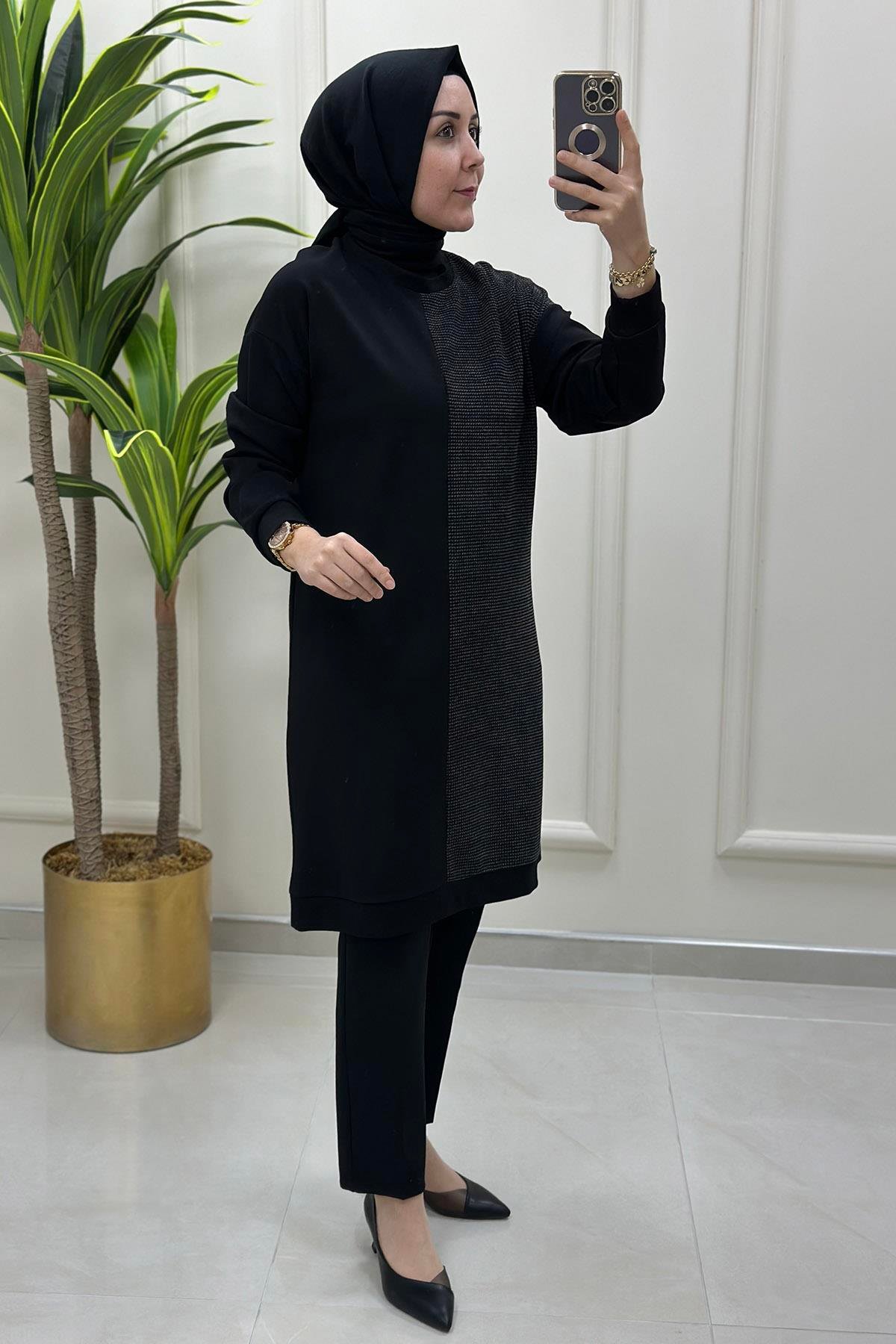 Tesettür TunikÇelik Örme Düşük Omuz Triko Garnili Kadın Tunik Siyah/Antrasit LOOK 6078