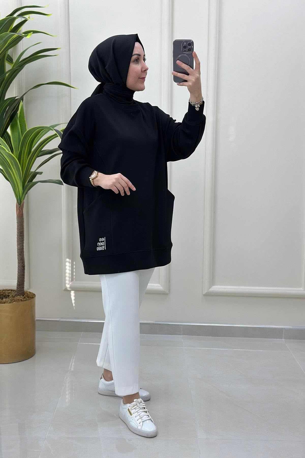 Tesettür TunikCepli Yazı Detaylı Kadın Tunik Siyah MSE 3141