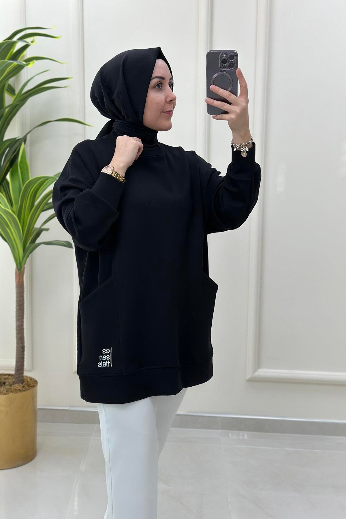 Tesettür TunikCepli Yazı Detaylı Kadın Tunik Siyah MSE 3141