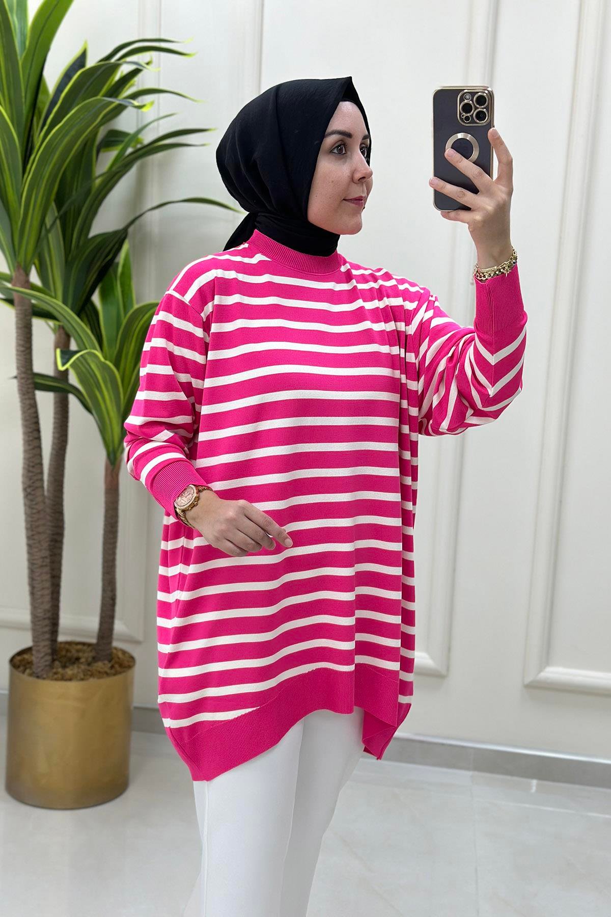 Tesettür TunikDüşük Omuz Çizgi Desen Kadın Triko Tunik Pempe KADO 9168