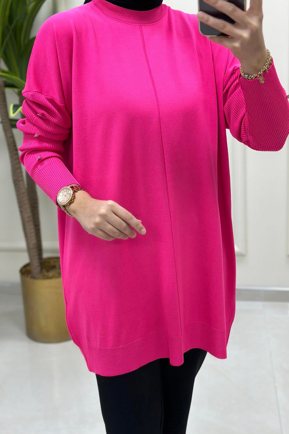 Tesettür TunikDüşük Omuz Kolu Düğme Detaylı Kadın Triko Tunik Pembe KADO 9169