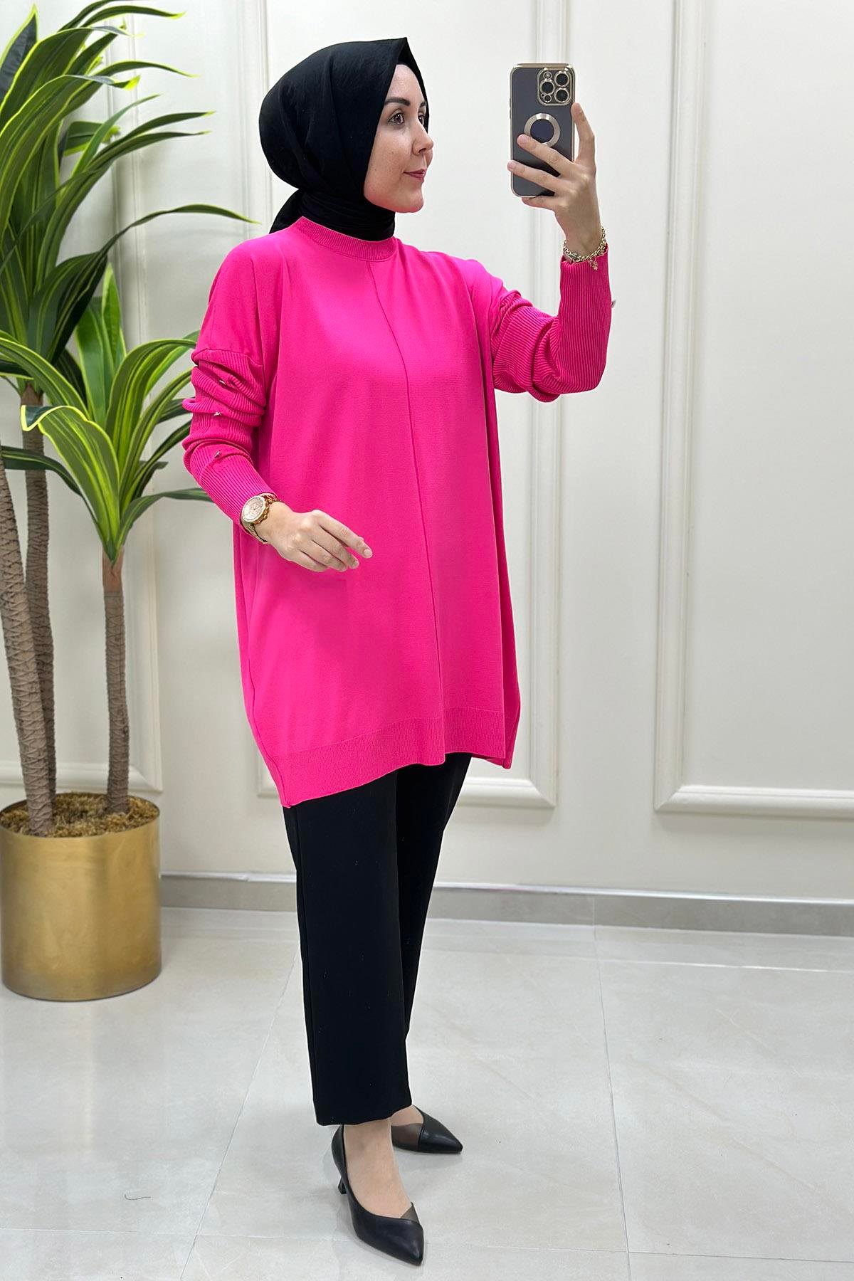 Tesettür TunikDüşük Omuz Kolu Düğme Detaylı Kadın Triko Tunik Pembe KADO 9169