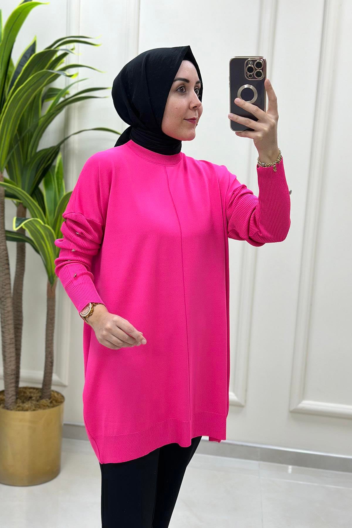 Tesettür TunikDüşük Omuz Kolu Düğme Detaylı Kadın Triko Tunik Pembe KADO 9169