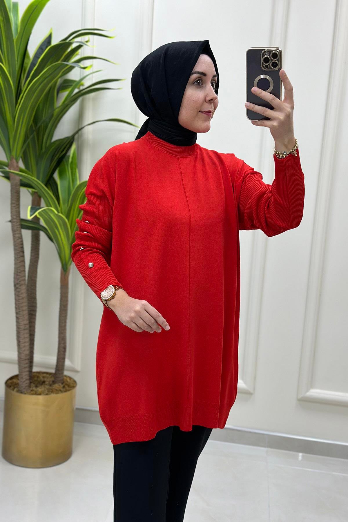 Tesettür TunikDüşük Omuz Kolu Düğme Detaylı Kadın Triko Tunik Kırmızı KADO 9169