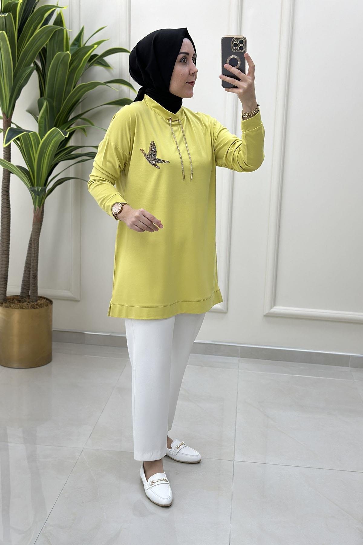Tesettür TunikDüşük Omuz Kuş Baskılı Yaka İpli Kadın Tunik Asit Yeşili KADO 251236