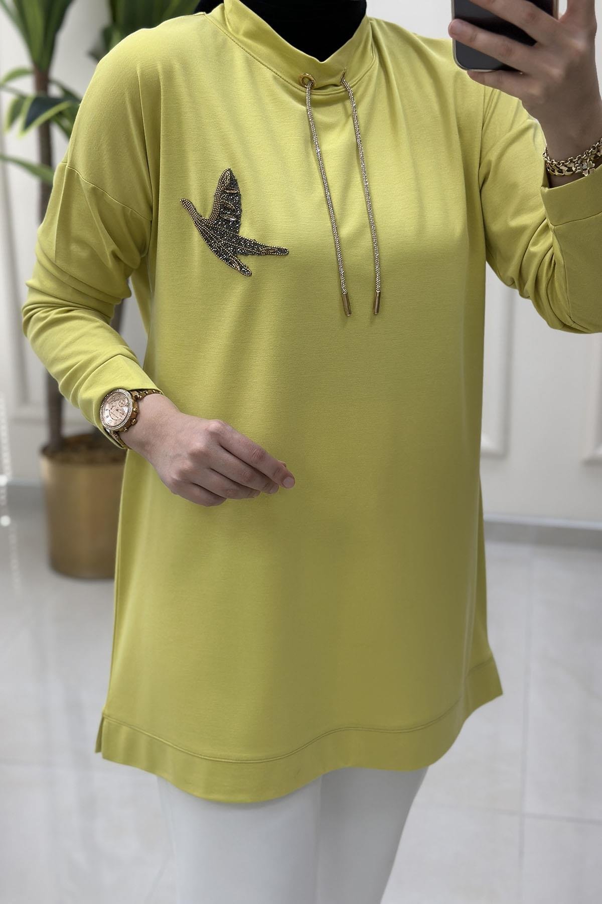 Tesettür TunikDüşük Omuz Kuş Baskılı Yaka İpli Kadın Tunik Asit Yeşili KADO 251236