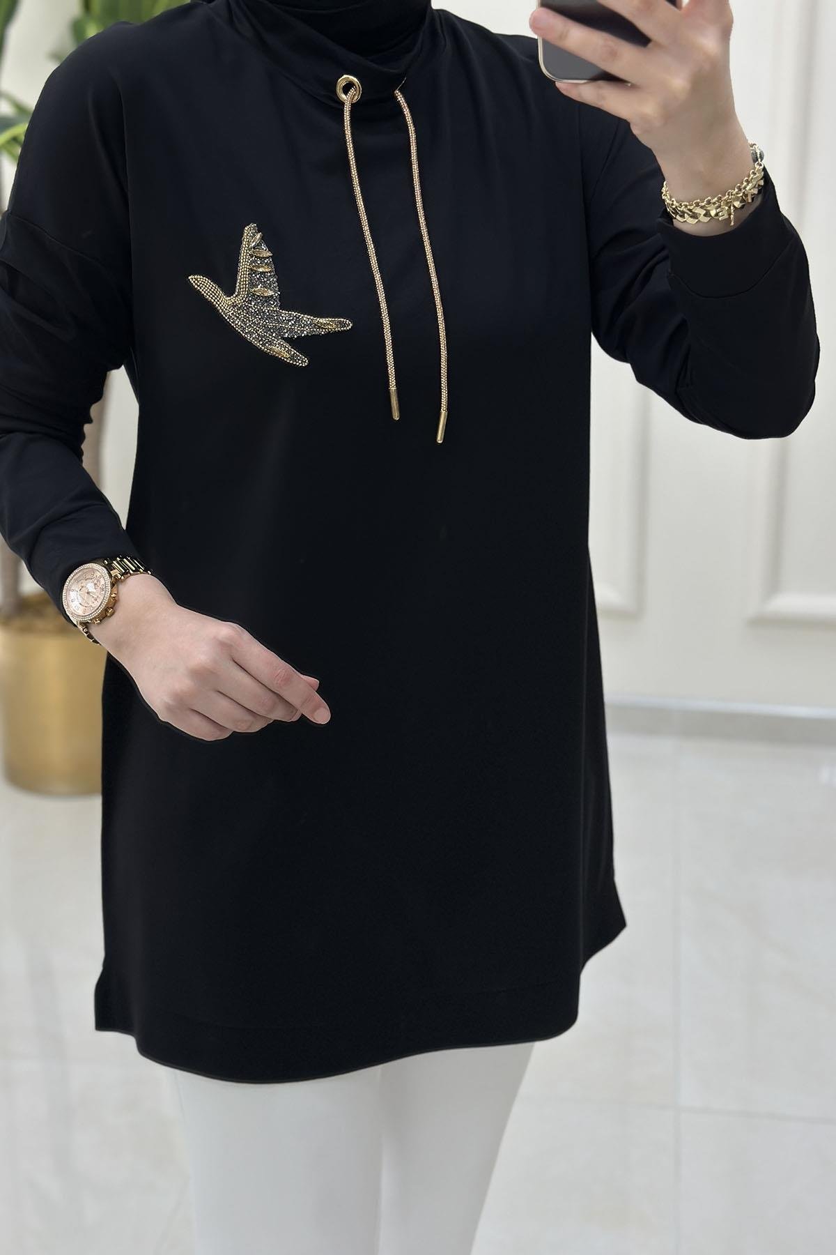 Tesettür TunikDüşük Omuz Kuş Baskılı Yaka İpli Kadın Tunik Siyah KADO 251236
