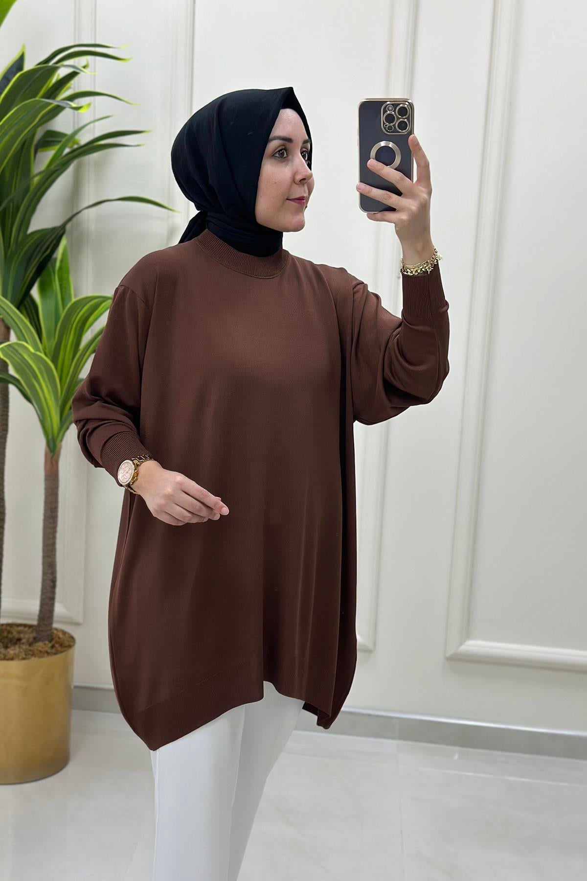 Tesettür TunikDüşük Omuz Merserize Kadın Tunik Kahverengi KADO 9176
