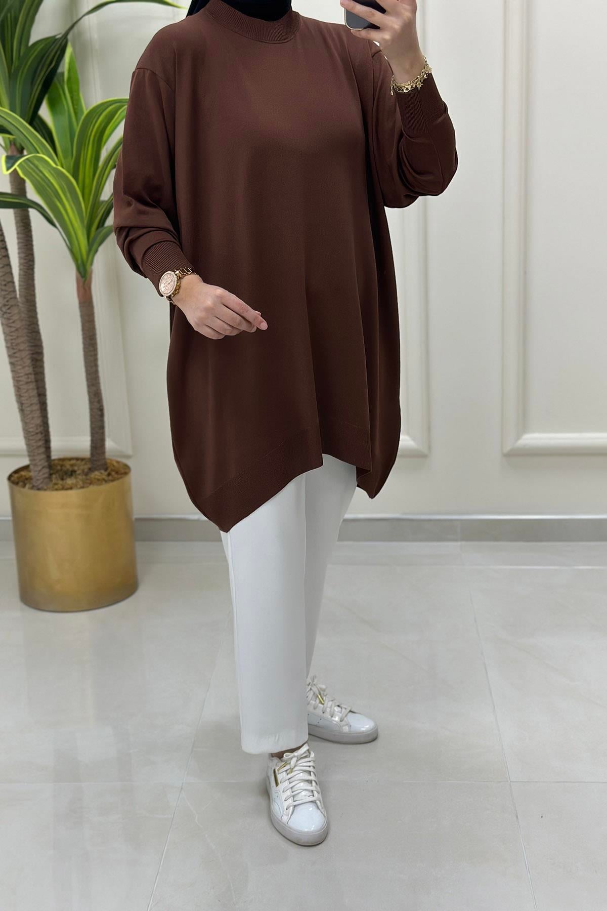 Tesettür TunikDüşük Omuz Merserize Kadın Tunik Kahverengi KADO 9176