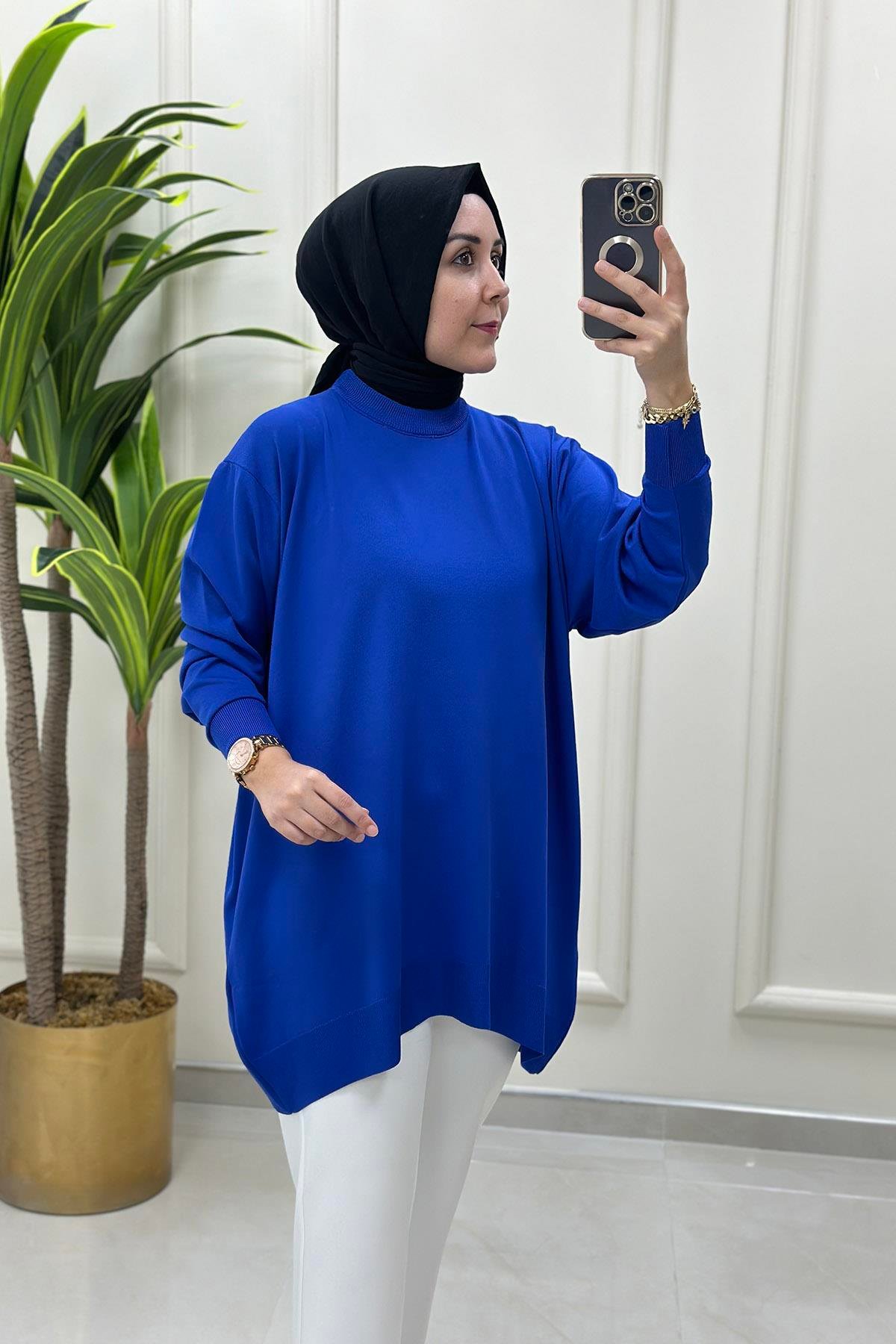 Tesettür TunikDüşük Omuz Merserize Kadın Tunik Saks Mavisi KADO 9176